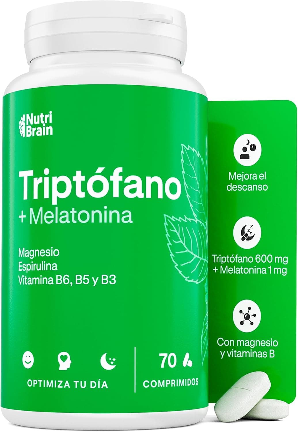 L-Triptófano 570mg con Melatonina, Magnesio y Espirulina - Dosis Alta