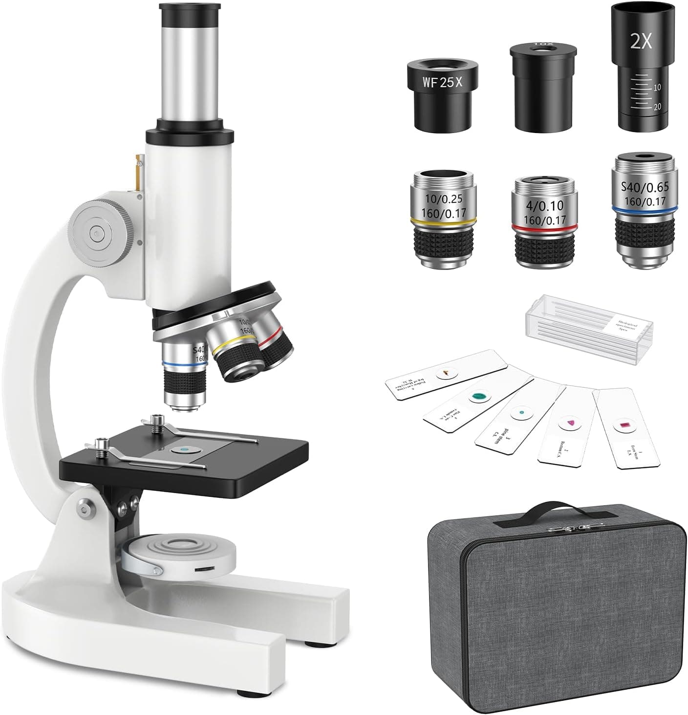 Microscopio 40-2000X para ciencia y exploración educativa con kit de diapositivas y estuche de almacenamiento