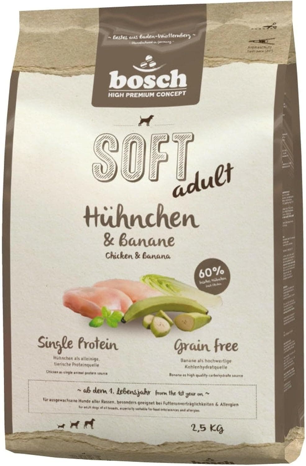 bosch HPC SOFT Pollo y Plátano | Alimento semi-húmedo para perros adultos de todas las razas | Sin cereales | 1 x 2,5 kg