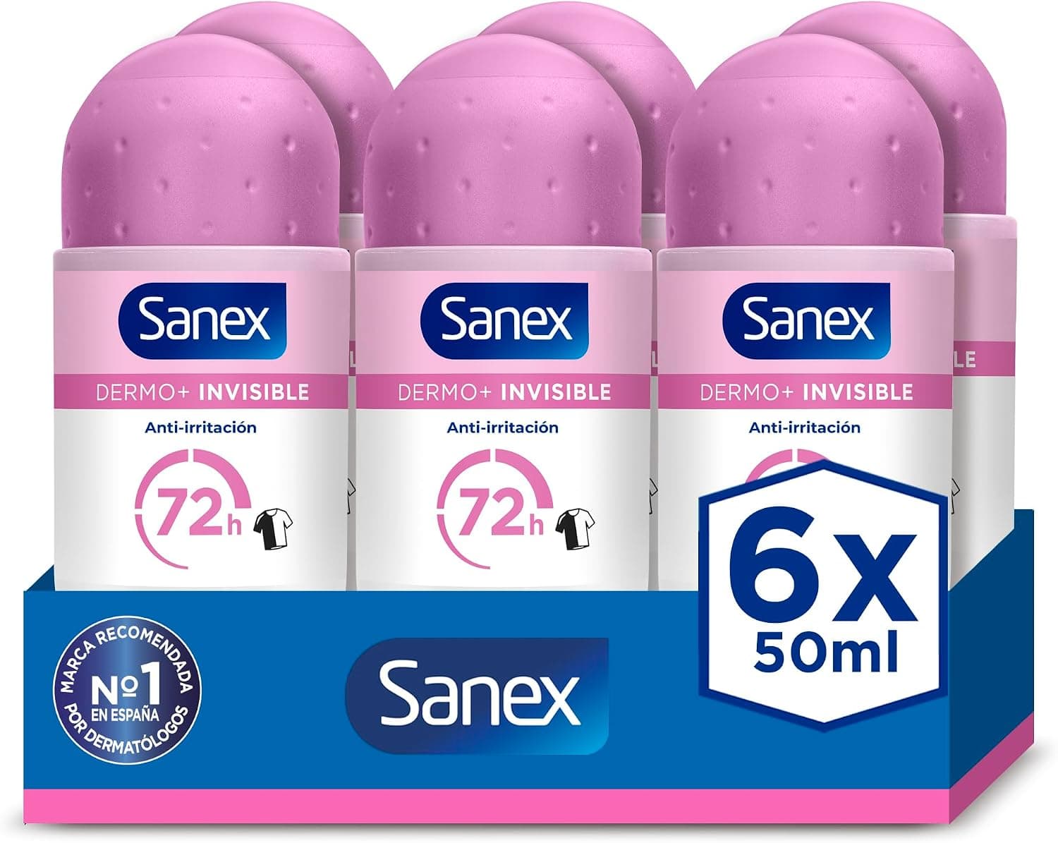 Sanex Dermo+ Invisible Desodorante Antitranspirante Roll-On 72 Horas 6 X 50ml – protección eficaz contra el sudor y el mal olor – dermatológicamente testado – protege de las manchas