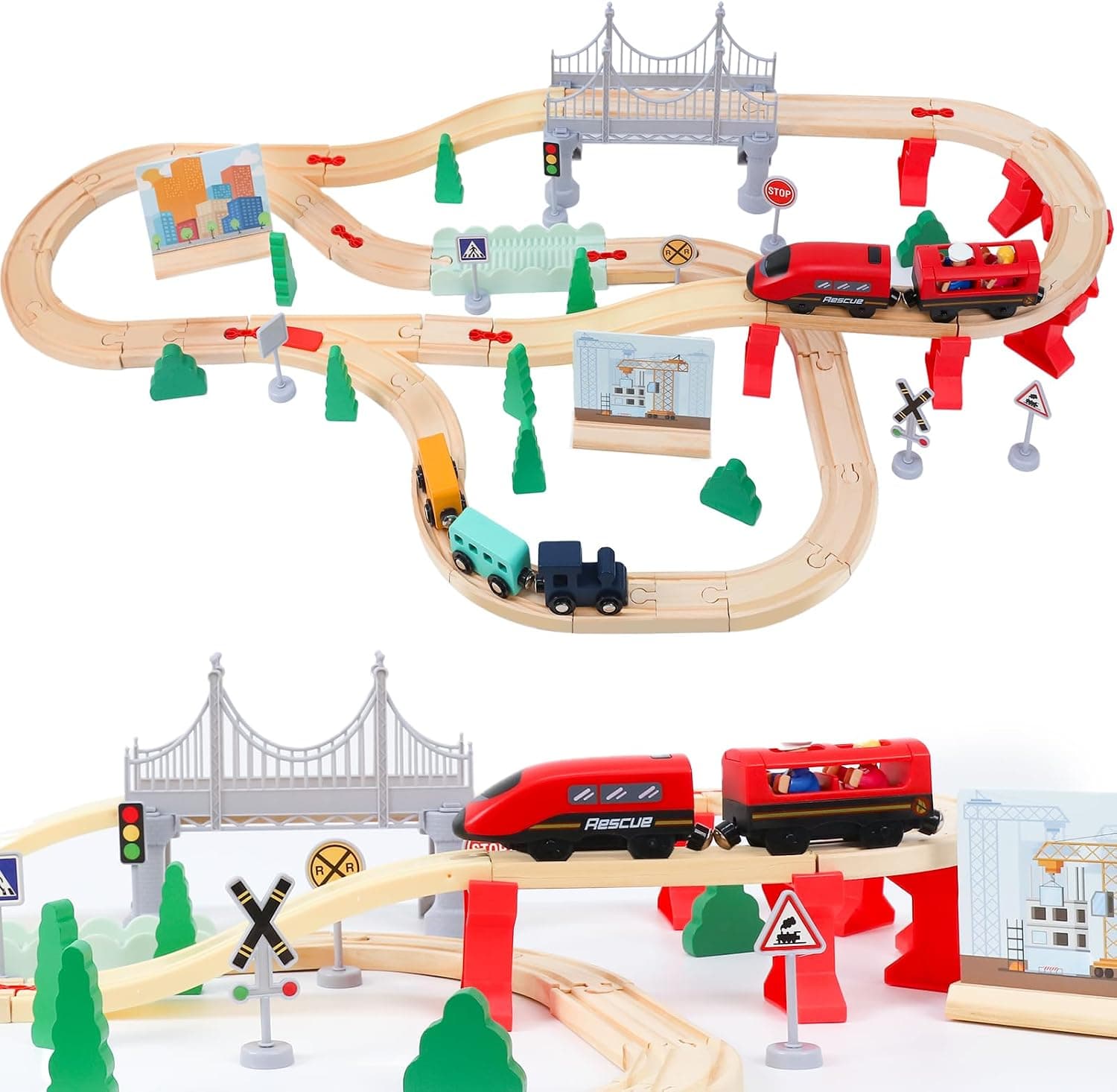 LZDMY Tren de Madera Niños 3 4 5 6 Años, 72 Piezas Juguete Tren Eléctrico