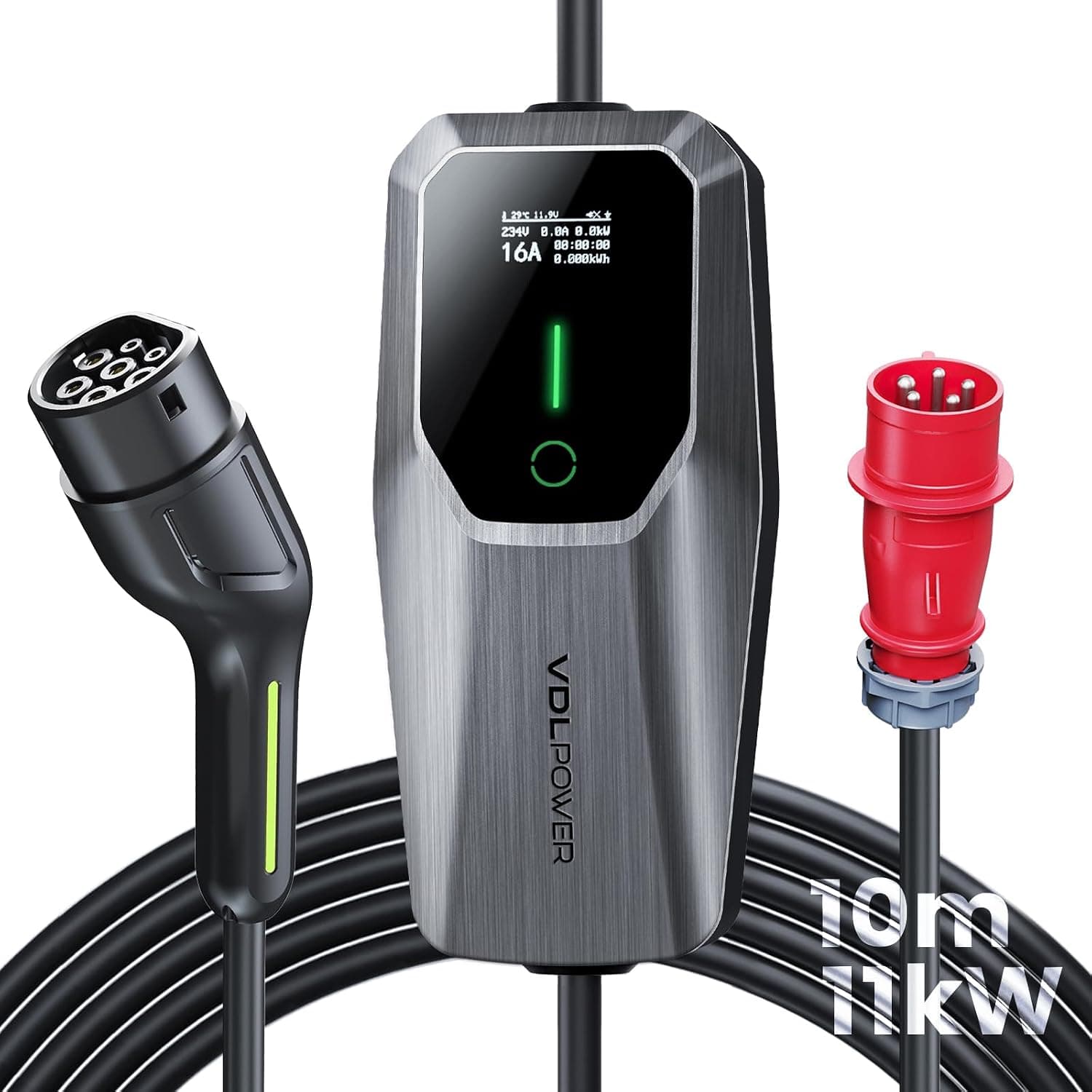 Cargador de Coche Eléctrico 11kW Trifásico Tipo 2 CEE Socket (5 Pin) EV Cargador Wallbox Estación de Carga Móvil Ajustable 6-16A 10 Meter, Cable de Carga Compatible con EV PHEV