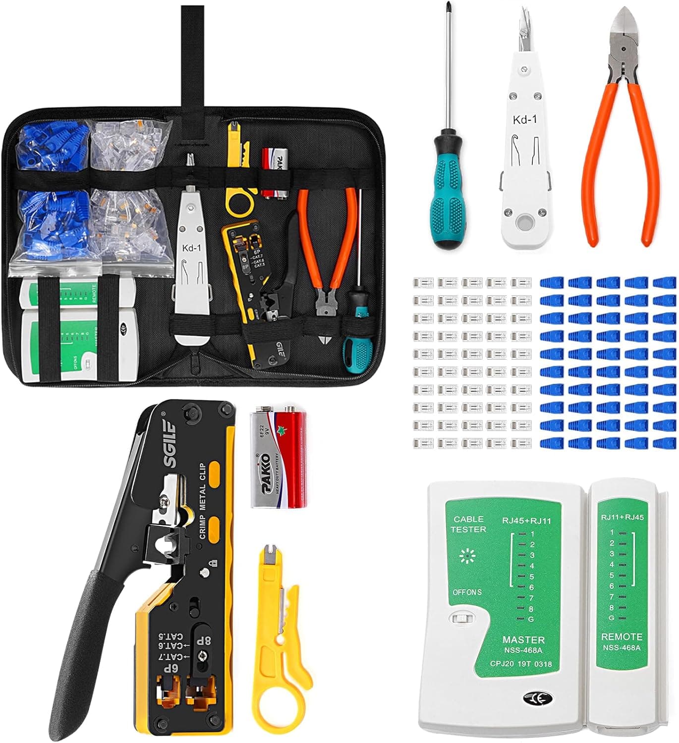 SGILE RJ45 Kit Herramientas Completo de Prensado, Cat5 Cat6 Cat7 Máquina Integrada Multifunción, Juego de Pruebas de Cable LAN de Mantenimiento Informático, 50 Conectores CAT6