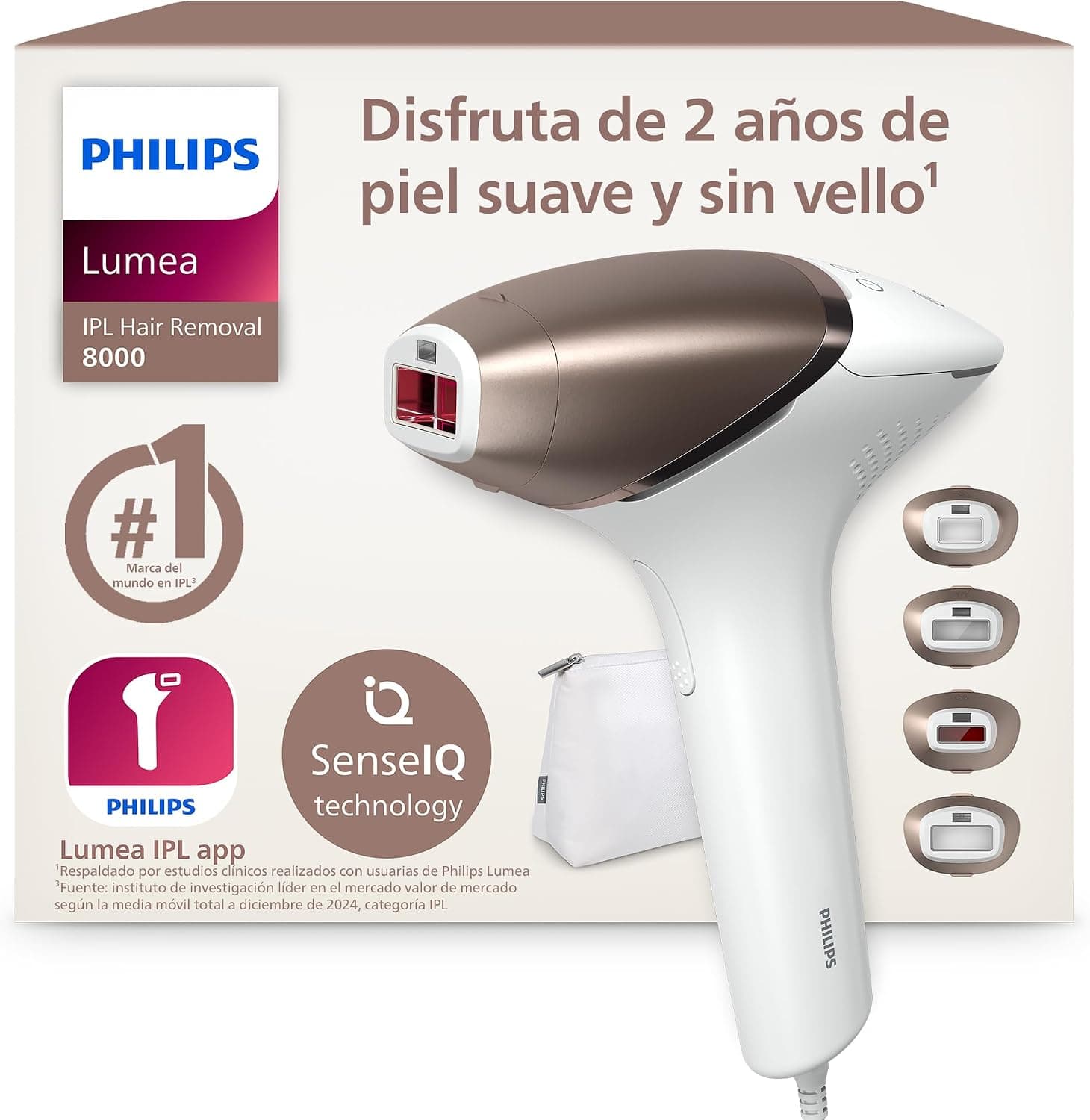Philips Lumea serie 8000, dispositivo de depilación IPL, alternativa de depilación láser, tecnología SenseIQ, 4 accesorios para el cuerpo, la cara, la zona del bikini y las axilas, modelo BRI948/00