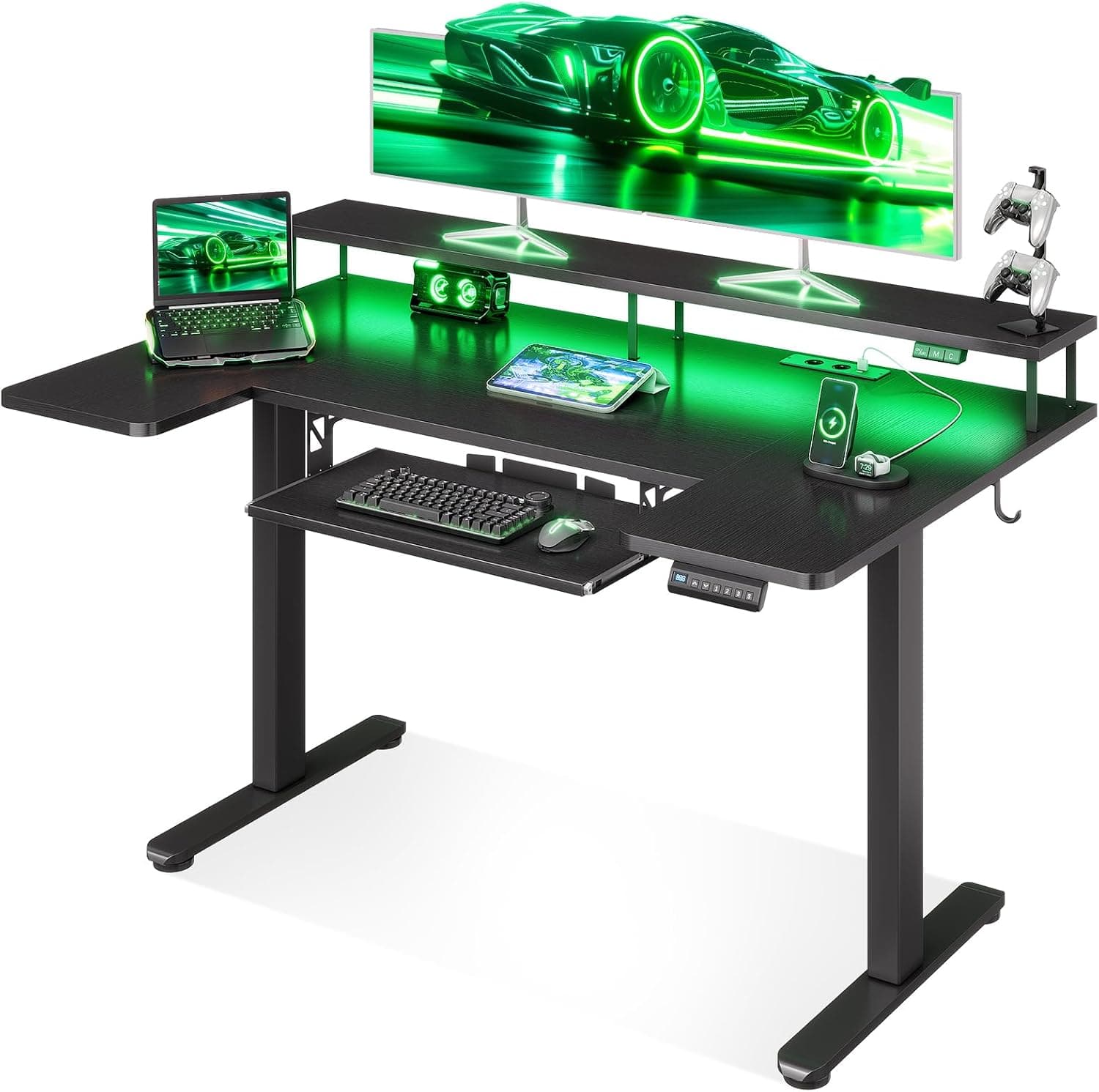 OffiGo Escritorio Gaming Regulable en Altura con LED 120×74 cm, Negro