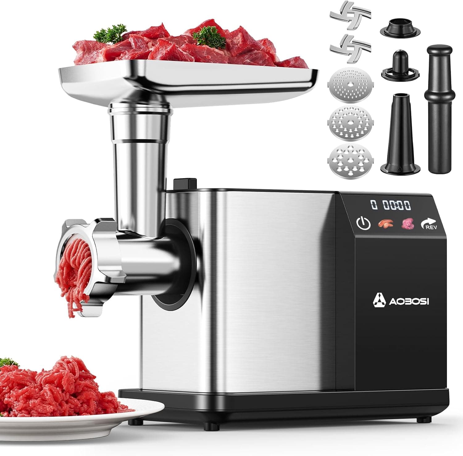AAOBOSI Picadora De Carne Eléctrica [3000W MAX] Con Pantalla LED, 3 Velocidades, Picadora De Carne Con Sistema Anti-Atascos,Almacenamiento Integrado, Puede Hacer Salchichas & Kibbe, Ideal Para Hogar