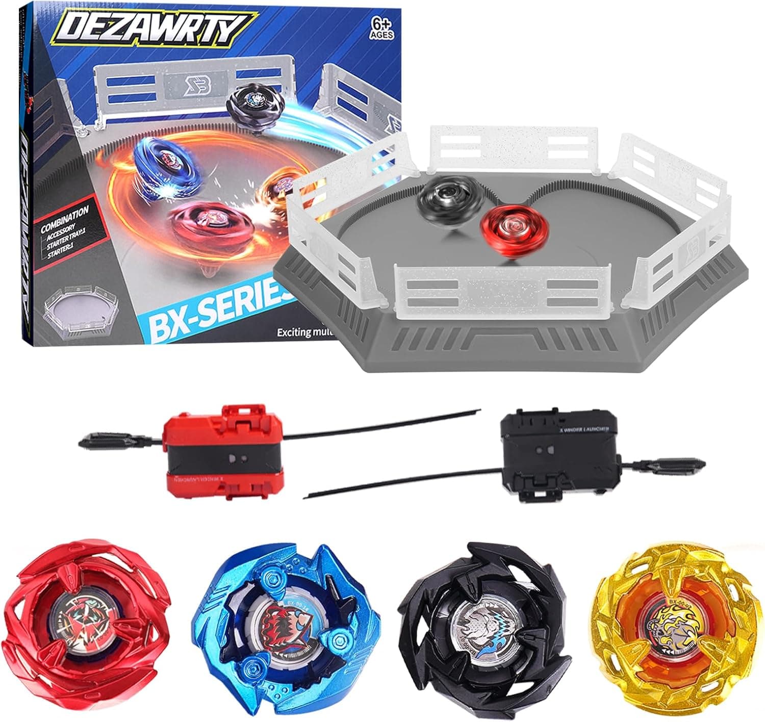 DEZAWRTY Set de Arena Gyro X Stadium con X Acceleration Rail – 4 peonzas de Combate, 2 lanzadores y Estadio, Arena de Batalla para niños a Partir de 6 años, Juguete de Combate para niños, Color Gris