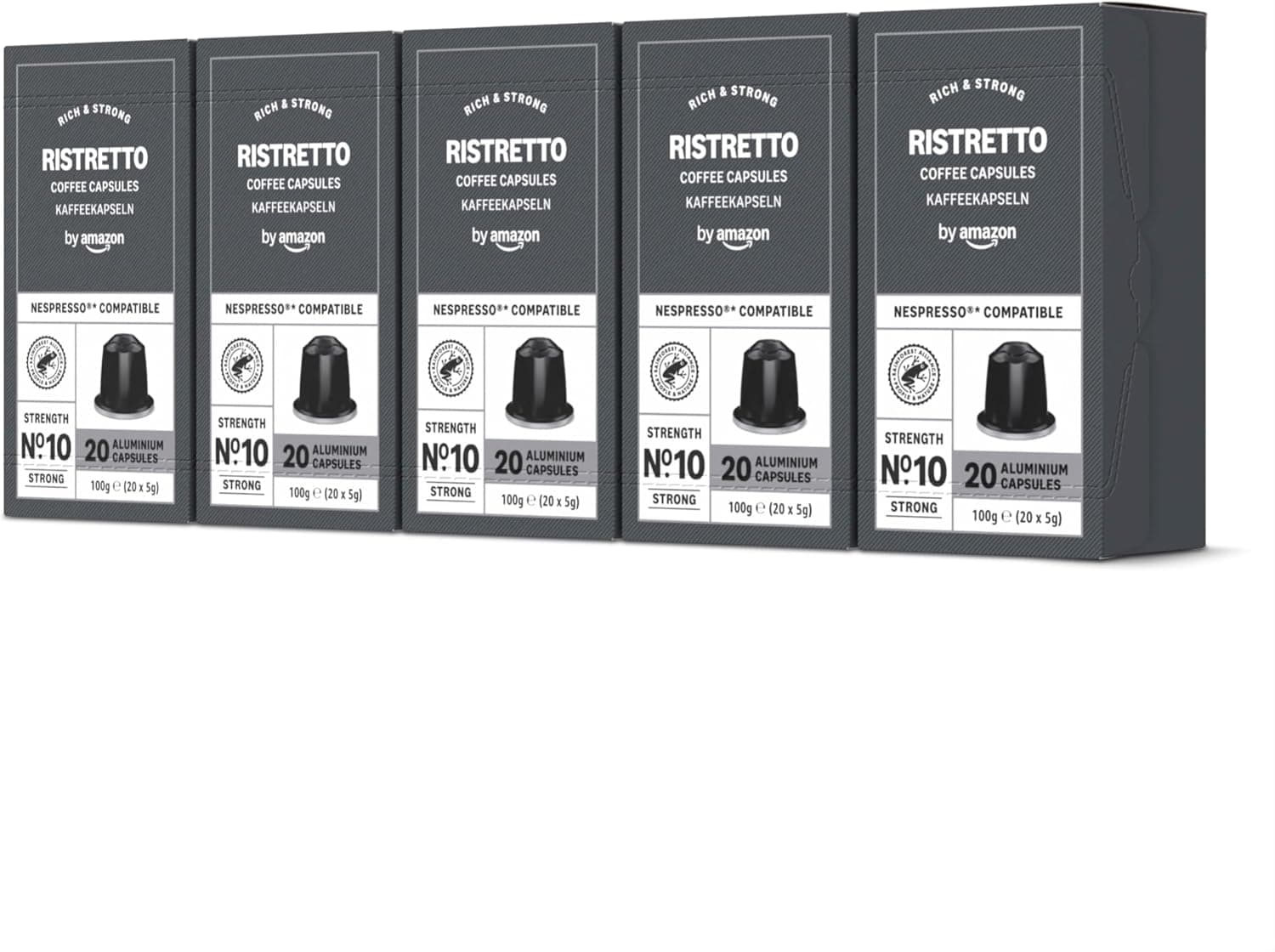 by Amazon - Cápsulas de café Ristretto, tueste medio, compatibles con Nespresso, 100 unidades, 5 paquetes de 20, certificado Rainforest Alliance