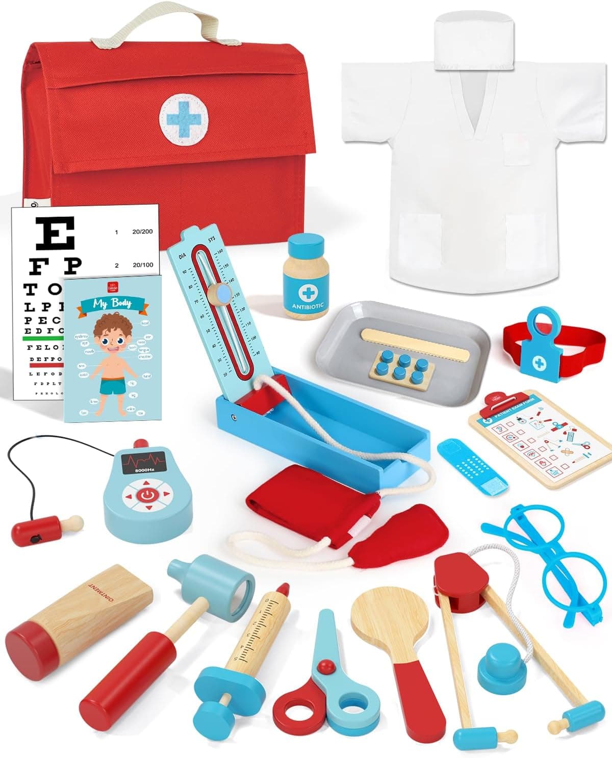 Lehoo Castle Maletin Medicos Juguete Madera, Regalos Niños 3 Años(Azul)