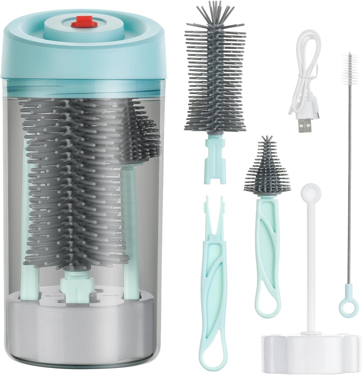 Vicloon Juego de biberones de viaje 5 en 1, cepillo portátil de silicona para biberones, popote y cepillo para chupete, caja de esterilización, estante de secado, azul