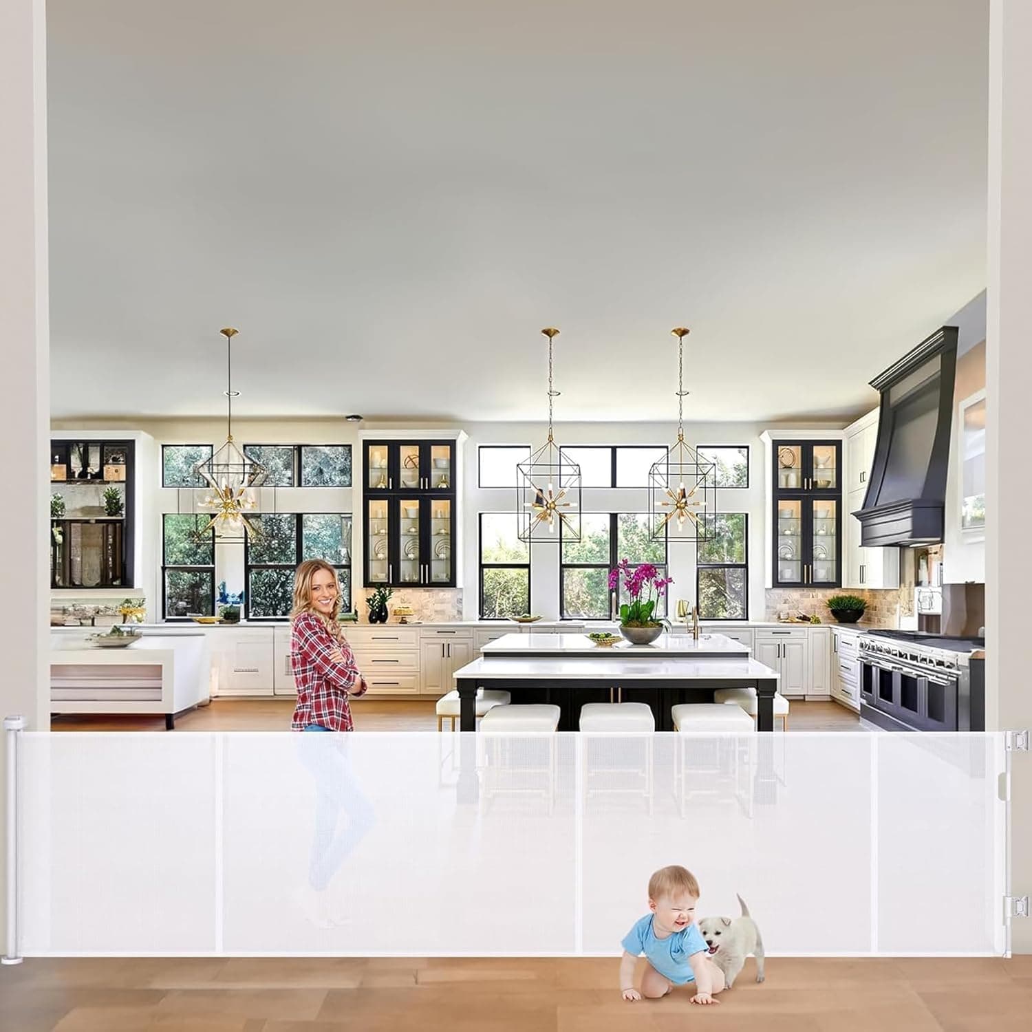 Barrera De Seguridad Retráctil para Niños y Perros, Apta para Uso En Interiores y Exteriores(blanco-500cm)