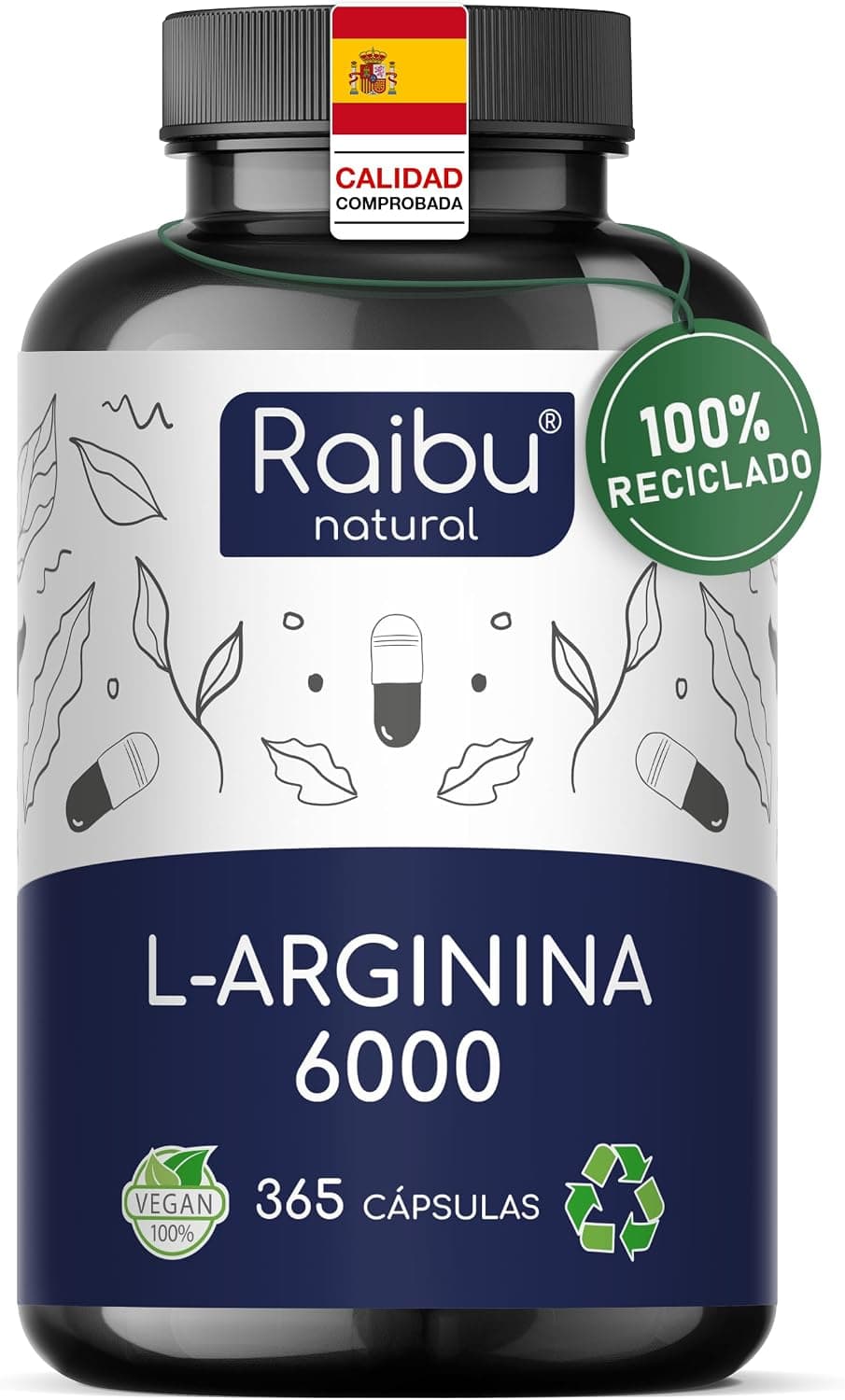 L-Arginina 365 Cápsulas - 6000 mg L-Arginina HCL Pura para Circulación por Dosis Diaria - Alta Dosificación, Sin Aditivos y Probado en Laboratorio