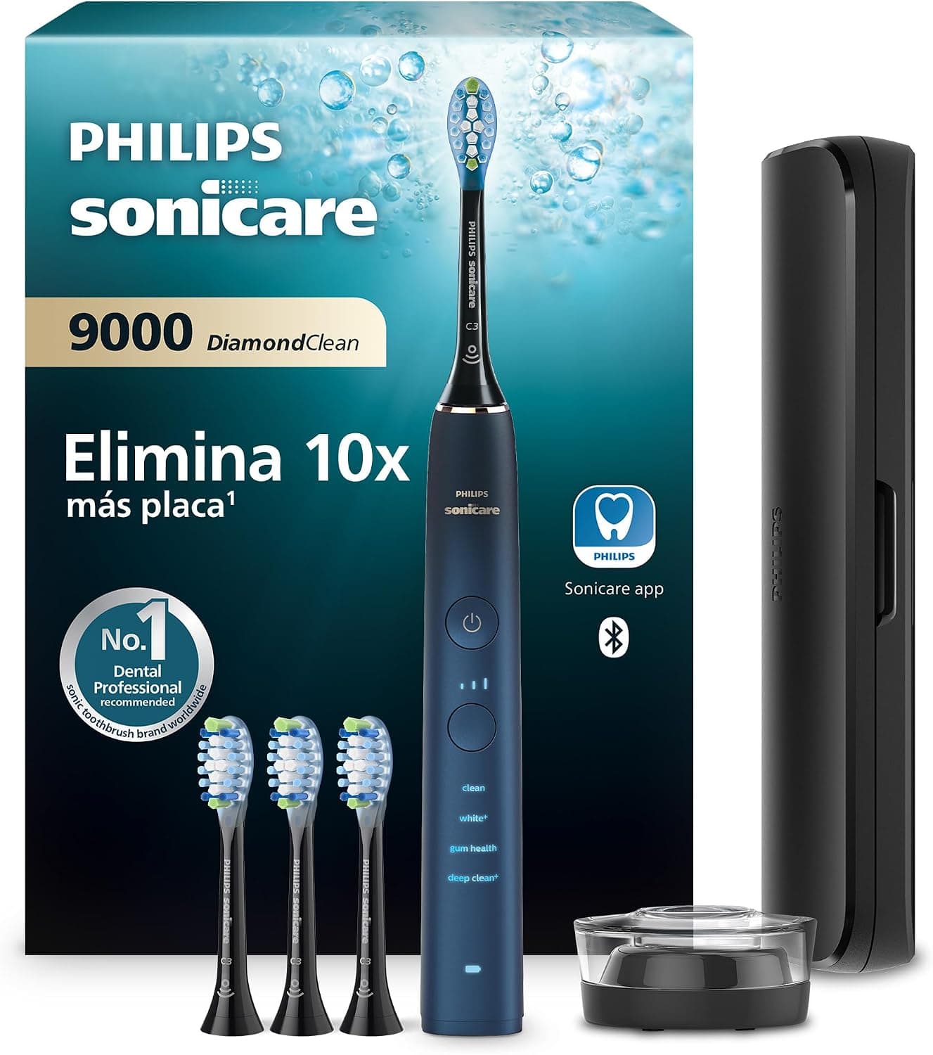 Philips Sonicare DiamondClean 9000, cepillo dental eléctrico, edición especial, cepillo dental sónico con aplicación, sensor de presión, soporte de carga, color aguamarina, modelo HX9911/89