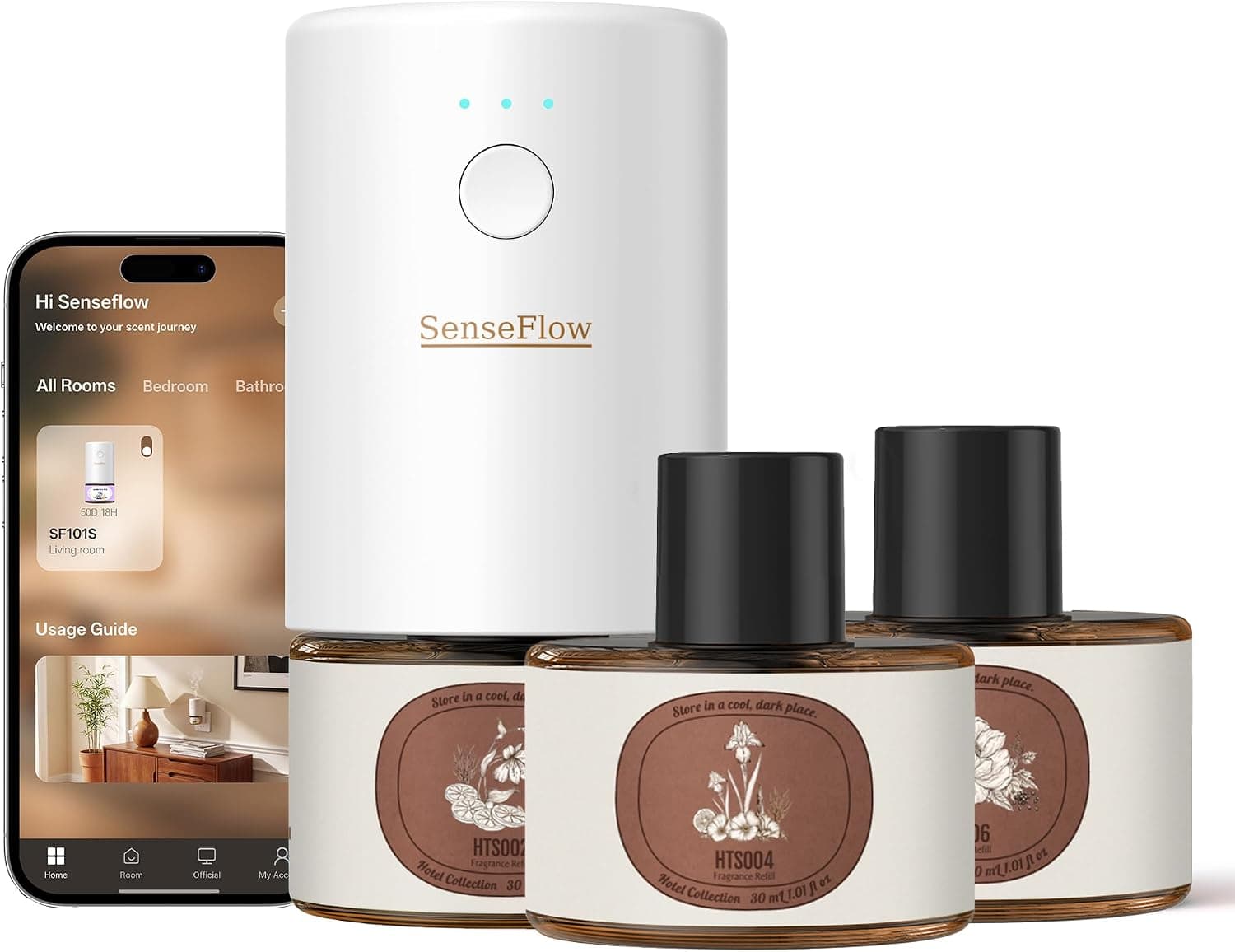 Difusor Wi-Fi SF101S Trio Set, 3 aceites Esenciales, ultrasónico sin Agua, Aroma Vegetal 100%, 360 días, hasta 100 m² - HT N°2 | HT N°4 | HT N°6