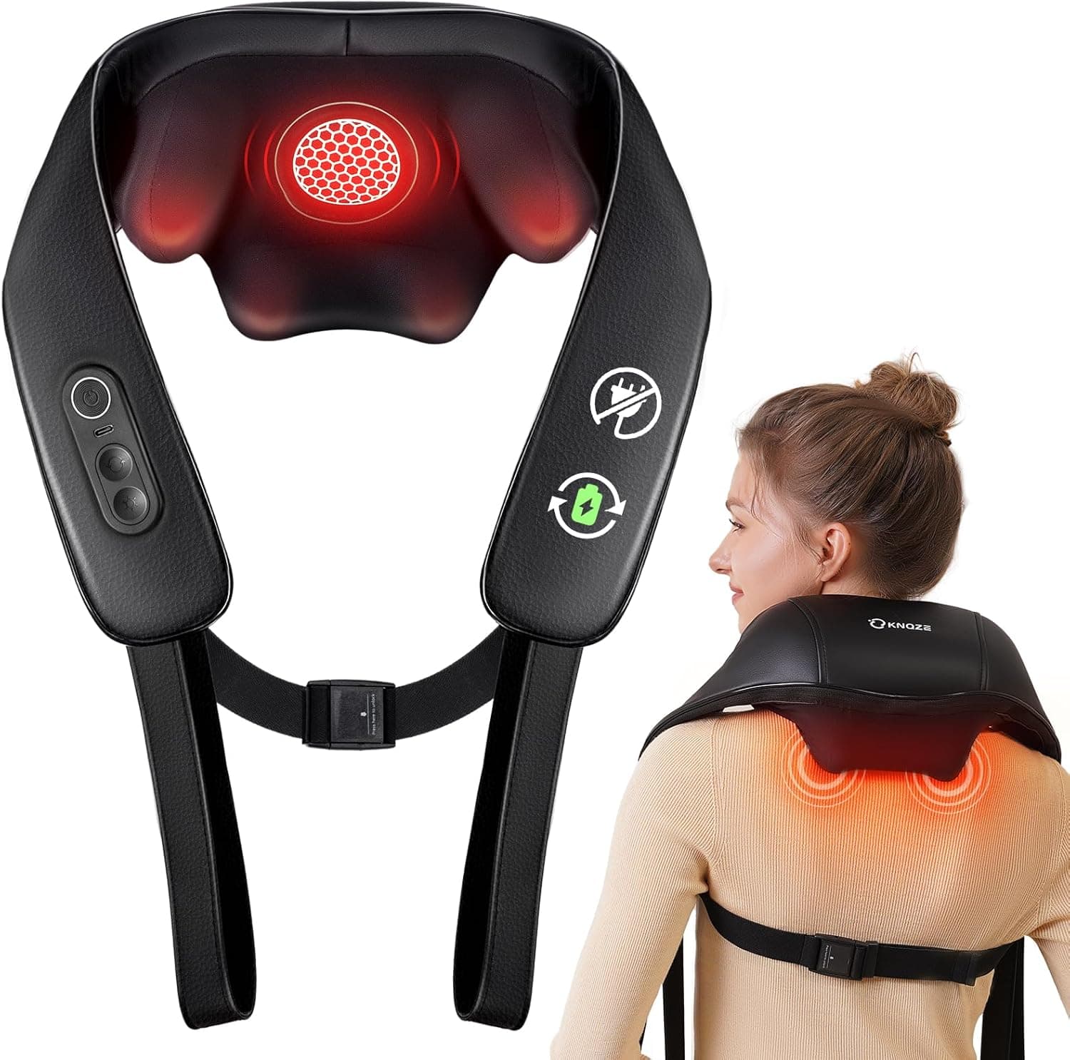 KNQZE® Masajeador cervical y espalda inalámbrico, 2026 Masajeador Shiatsu 4D, Maseajor cervical y espalda con calefacción, Calefacción de grafeno mejorada, Regalos para mujer hombre padres mama papa