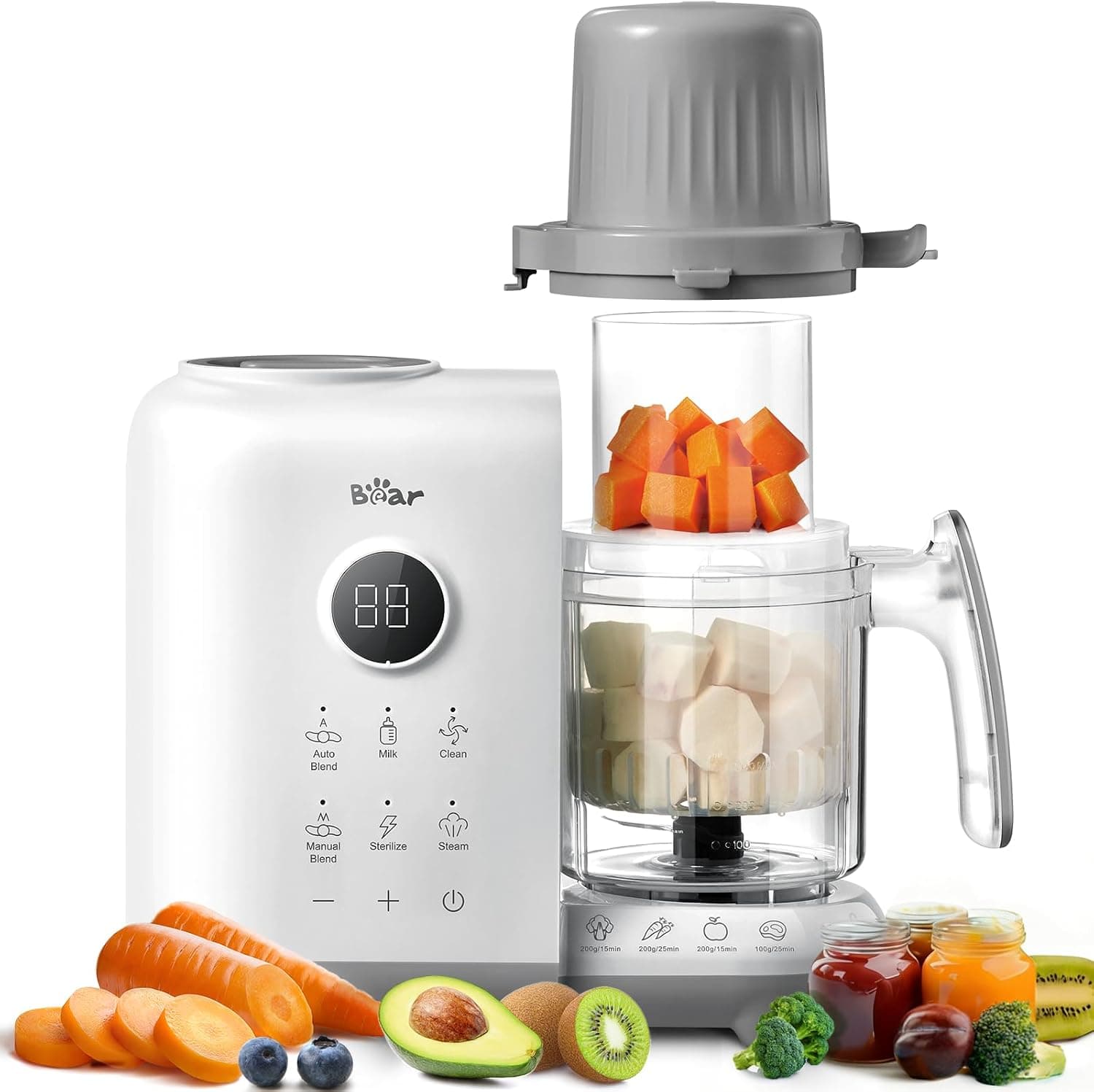 Bear Vaporera 6 en 1 con batidora premium para alimentos para bebés, vapor, agitación automática, calentamiento de leche, desinfección, función de autolimpieza, función de limpieza automática (Blanco)