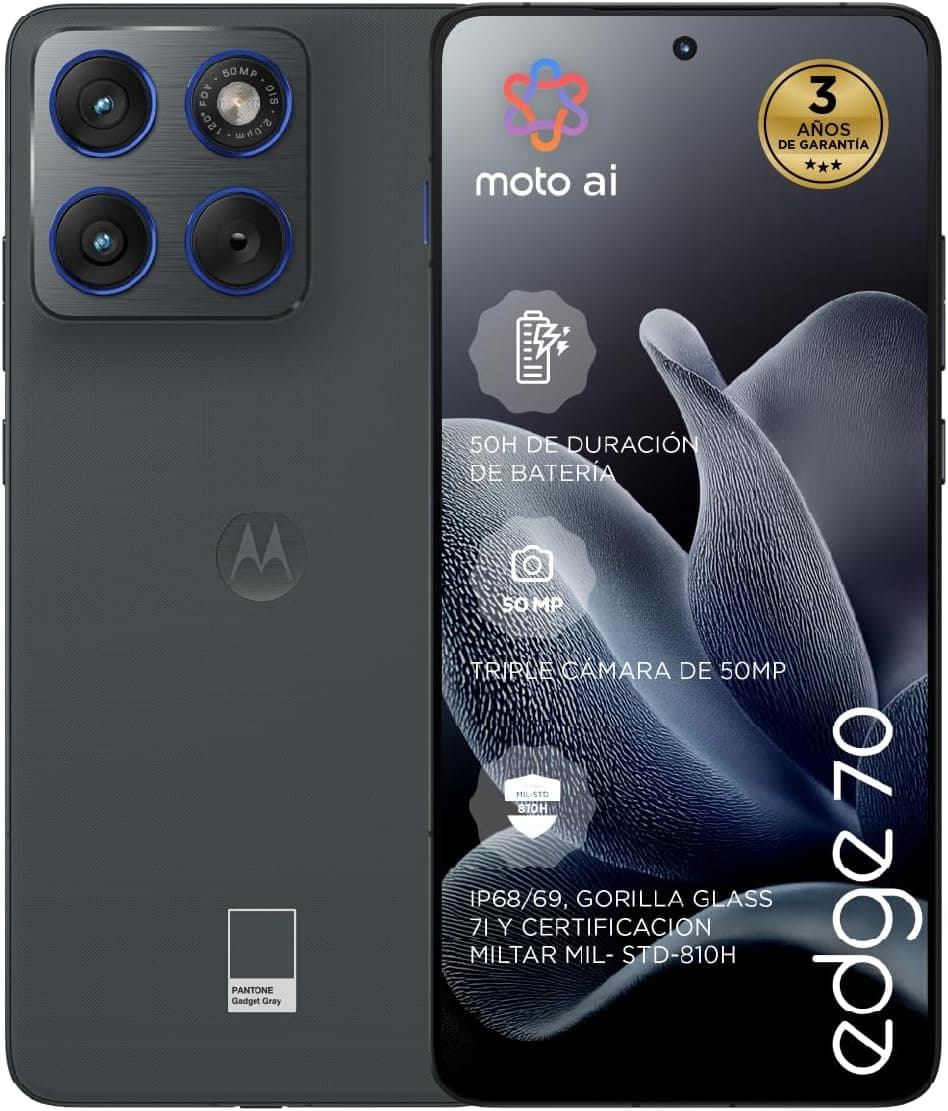 Motorola Edge 70 24GB (12GB+12GB RAM Boost)/512GB Gadget Grey, España. Diseño increíblemente Fino. Pantalla Super HD de 6,7". Triple cámara 50MP con Moto ai. 4800 mAh. Durabilidad de Grado Militar