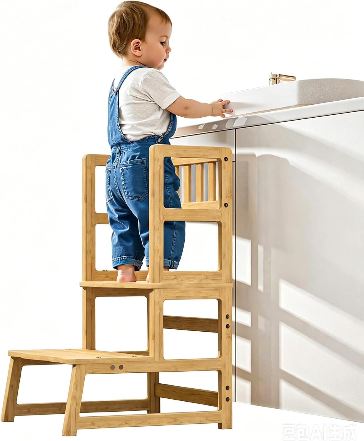 COSYLAND Taburete de Niños con 2 Peldaños y Asas – Escalón Infantil para 18 Meses en Adelante – Ideal para Cocina, Baño y Dormitorio – Natural Oscuro
