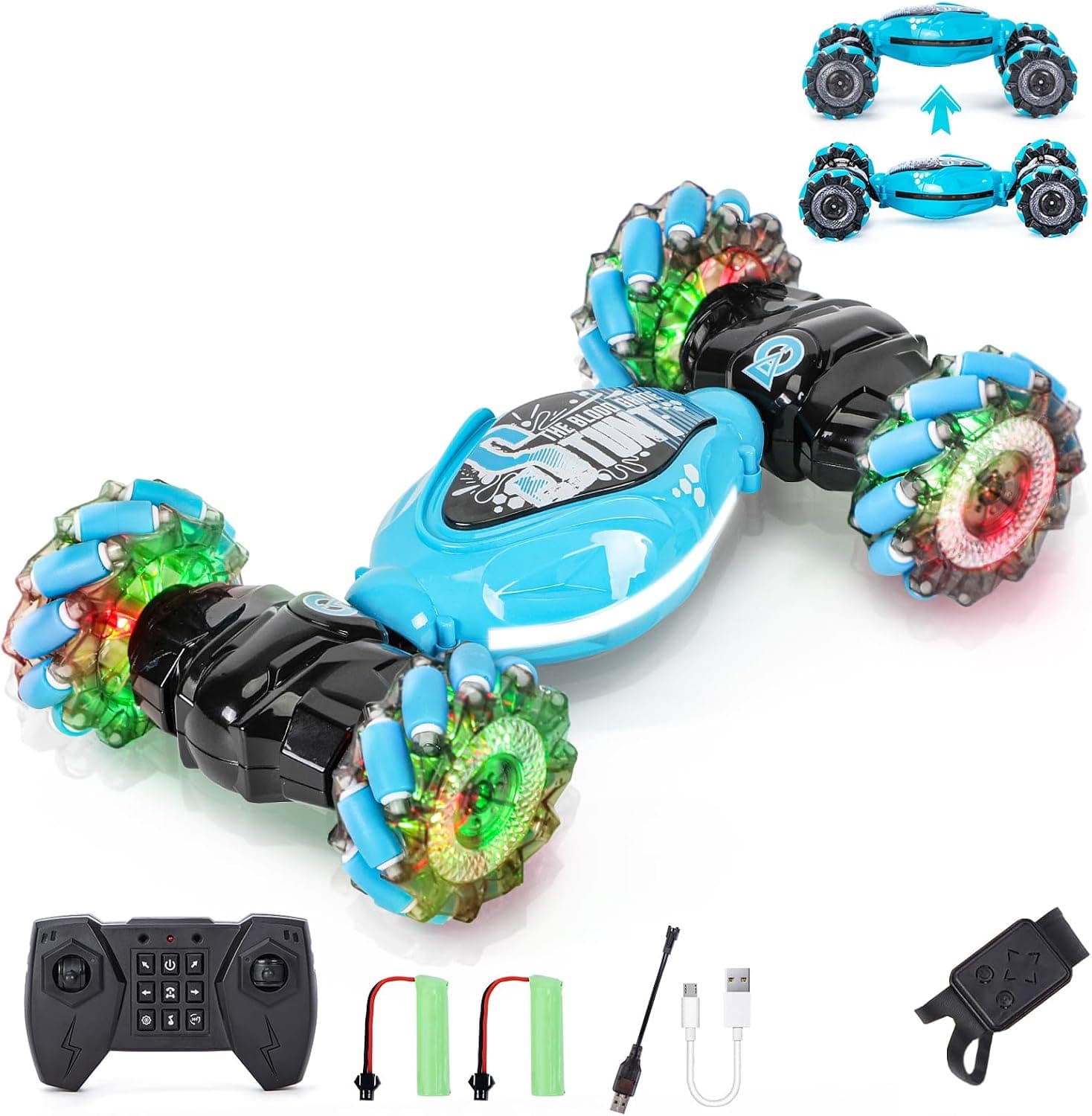Coche Acrobático RC con Sensor de Gestos para Niños,con Control Remoto de Doble Cara 2.4GHz y Giros de 360 Grados,Luces y Música,Regalo para Niños y Niñas Mayores de 6 Años(Azul)