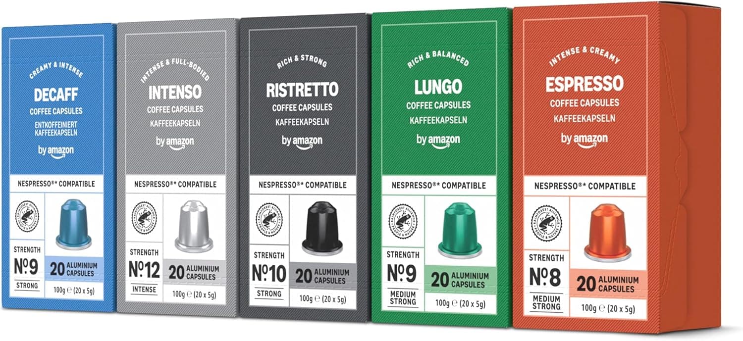 by Amazon Cápsula de café Paquete Variado compatibles con Nespresso, 100 Unidad, 5 Paquetes de 20, Certificado por Rainforest Alliance