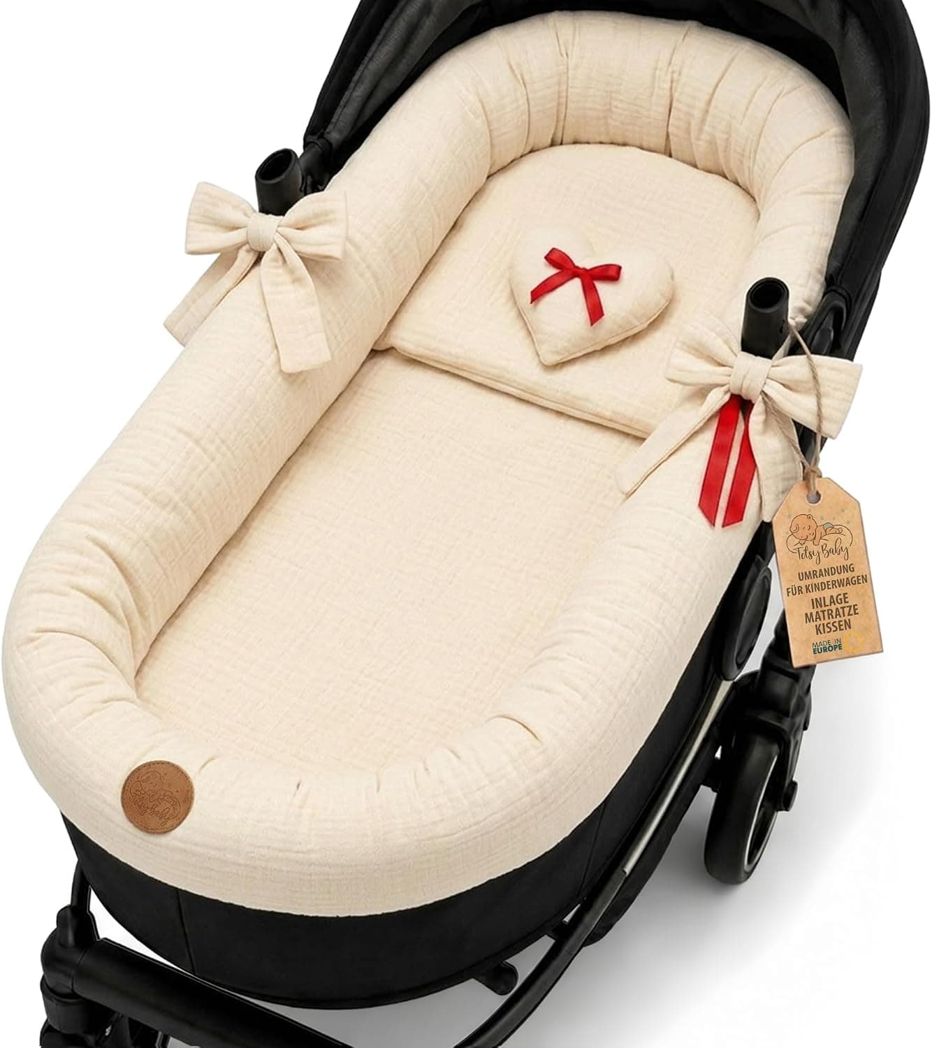 Cubre Capazo Universal de Muselina de Algodón – Funda Capazo Interior Transpirable que Viste y Protege el Cochecito – Set 3 Piezas con Almohada e Inserción Recién Nacido Beige Claro