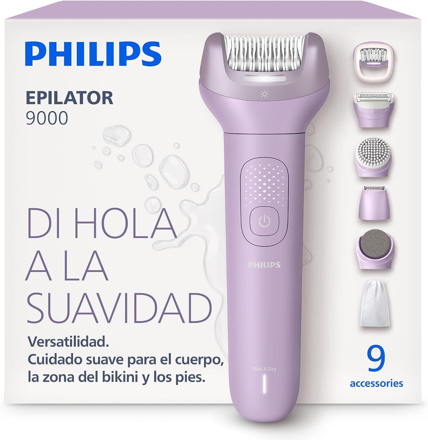 Philips Depiladora Serie 9000 - Depiladora eléctrica inalámbrica, uso en seco y mojado, para todo el cuerpo. Incluye ProGuide, 9 accesorios (incluye cabezal de pedicura), 60 min autonomía. BRE728/00