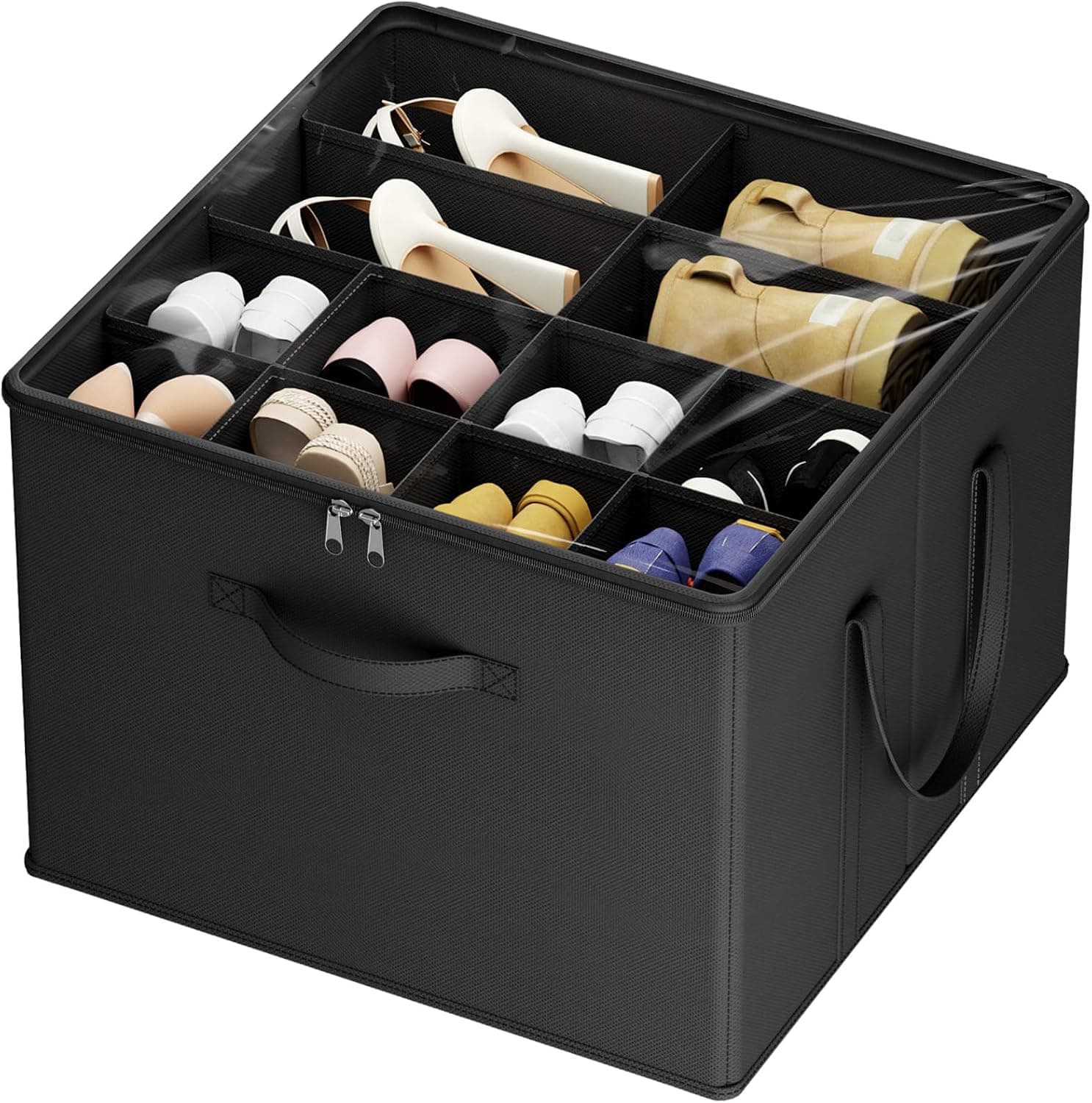 Lifewit Organizador Zapatos para Armario, Caja Almacenaje para 12-16 Pares con Tapa de PVC Transparente, Zapatero Plegable con Divisiones para Zapatillas y Botines, 43 x 43 x 31 cm, Negro