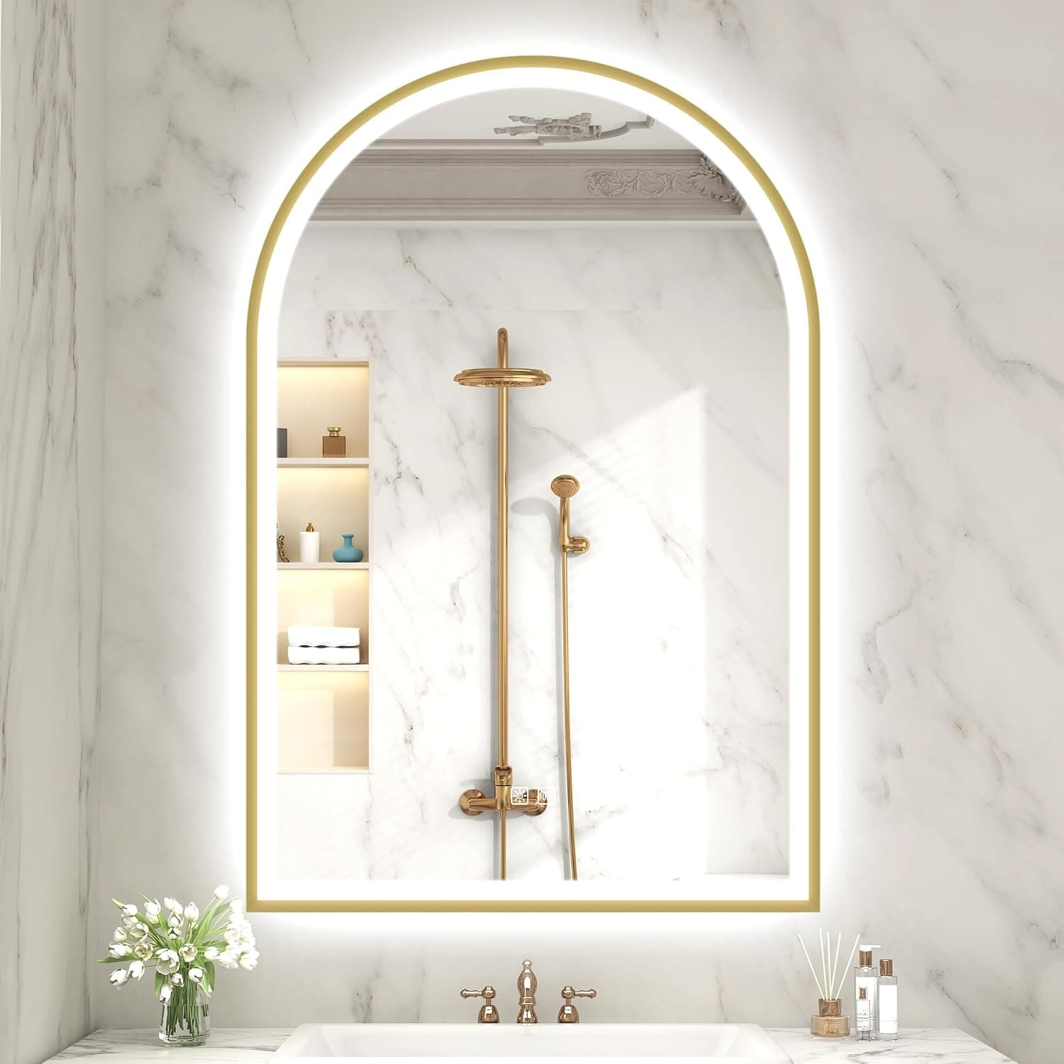 S'bagno Espejo de baño LED de 61 x 96 cm dorado, espejo de arco para baño con iluminación frontal y trasera, espejo de baño LED con marco metálico, anti-vaho, completamente ajustable, espejo cambiante