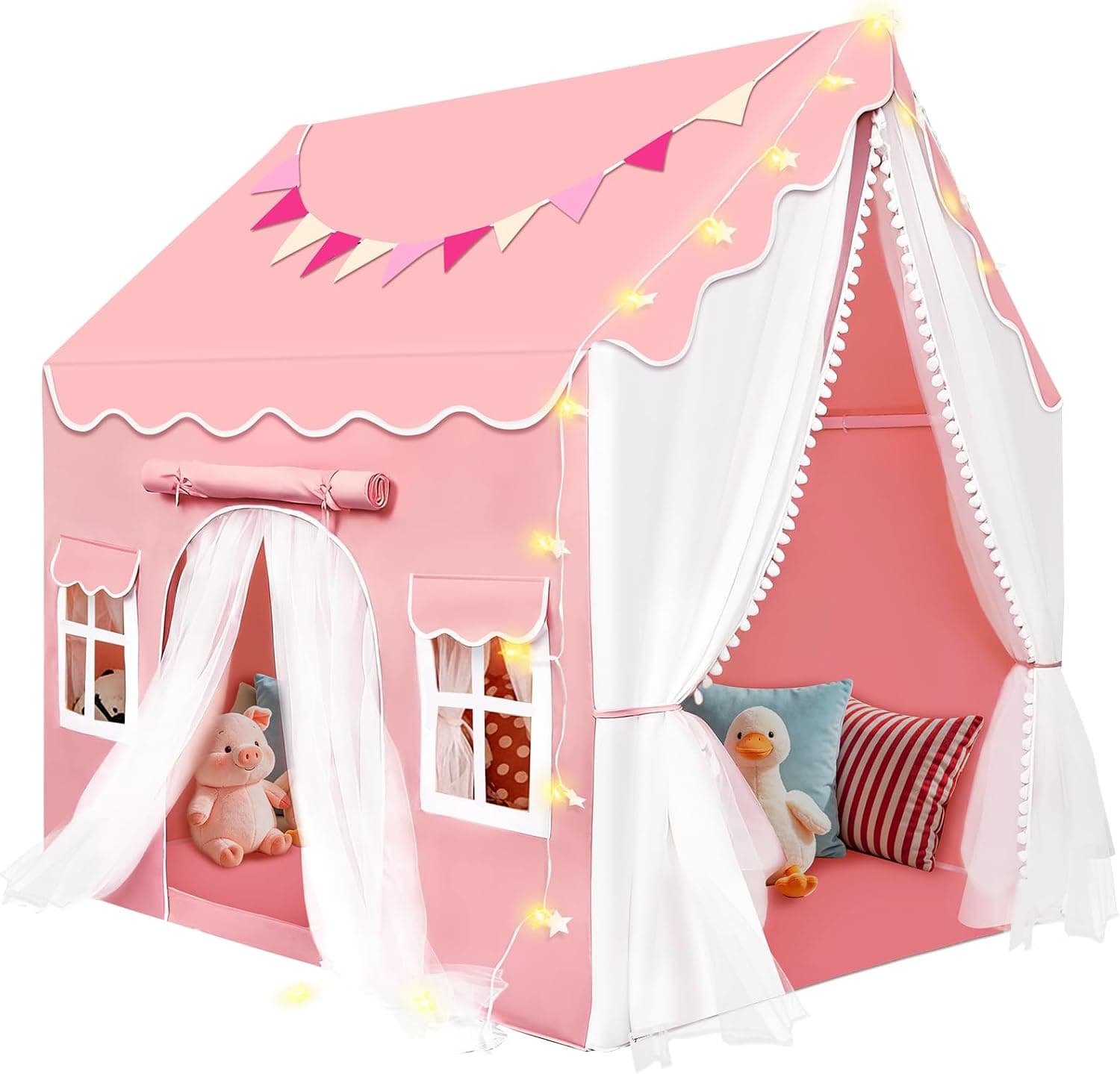 Herenear Tienda Campaña Infantil con 2 Puertas, Cabañas para Niños con Luces Banderas y Bajera, Casitas Infantiles Tela Interior, Ideal Casita Infantil para Niños Niñas (Rosa)