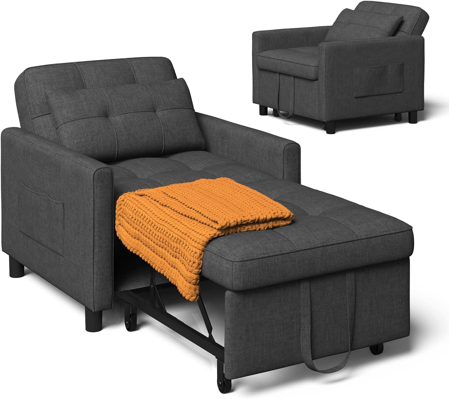 Xbro Sofá Cama Convertible Sillón Cama Plegable 3 en 1 con función de Cama, sofá Cama Ajustable con cojín y Saco, sillón con función de Dormir para apartamento pequeño (Gris Oscuro)