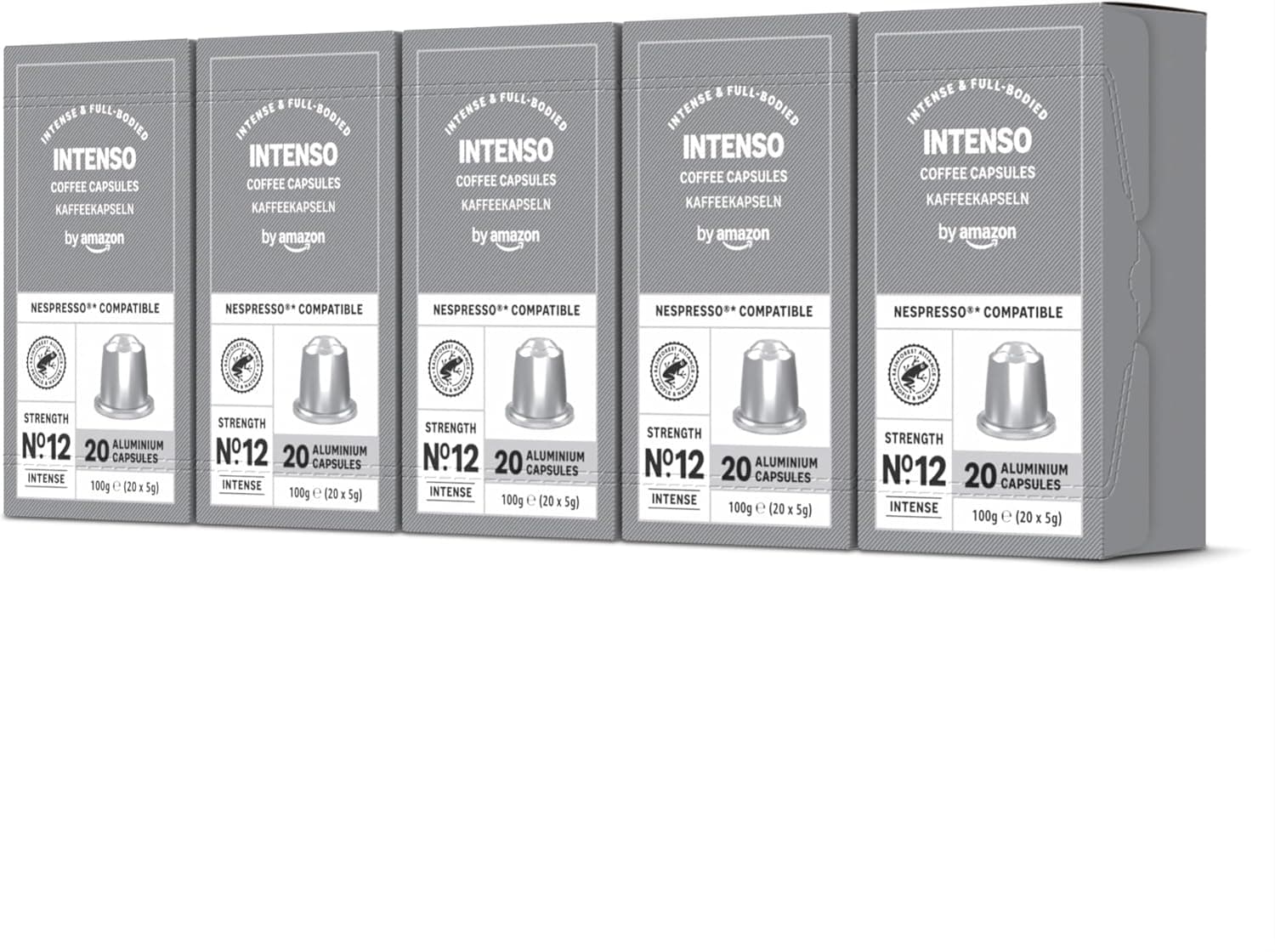 by Amazon - Cápsulas de café Intenso, tueste oscuro, compatibles con Nespresso, 100 unidades, 5 paquetes de 20, certificado Rainforest Alliance