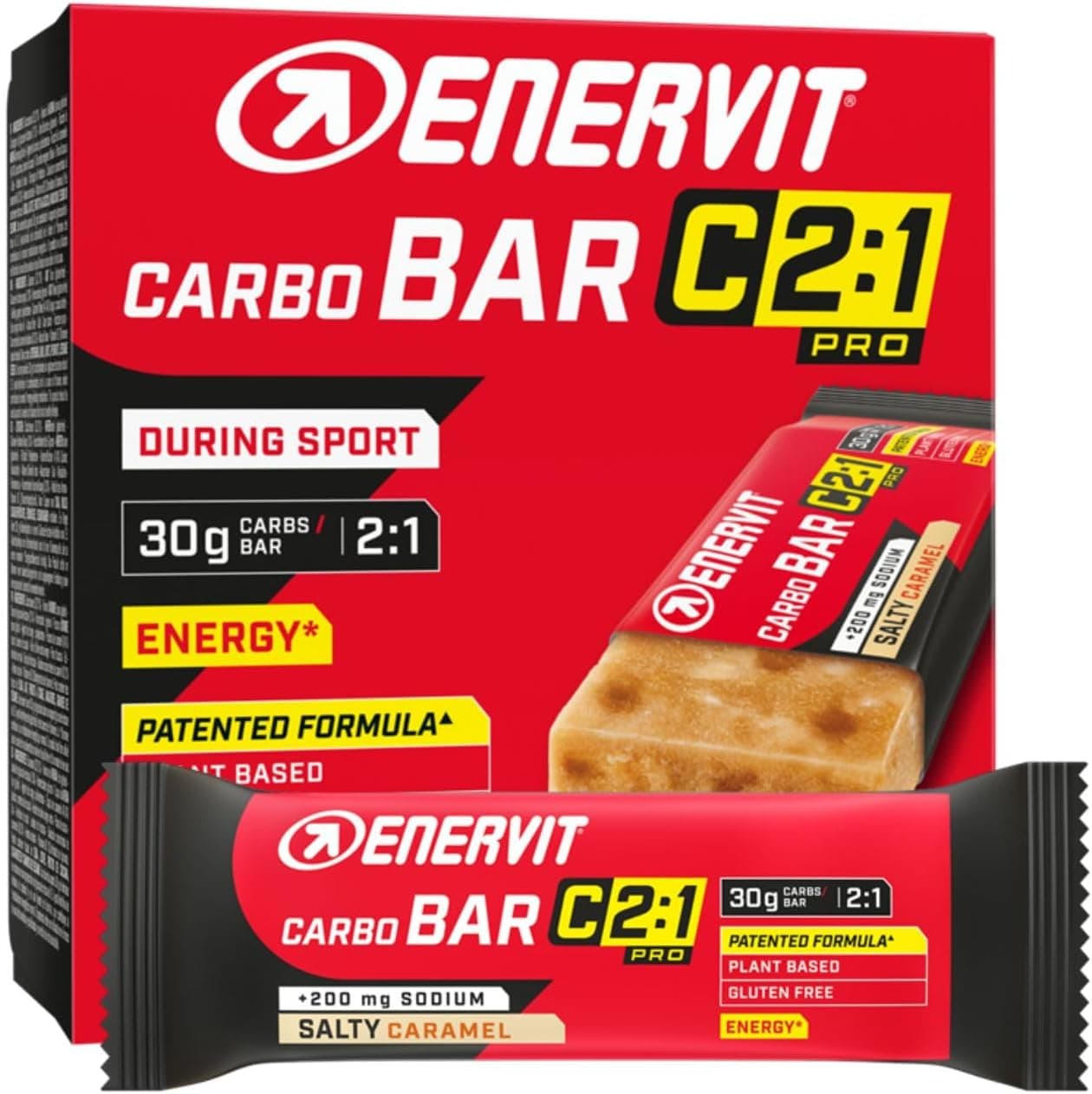 Enervit Carbo Bar C2:1PRO Salty Caramel, Barritas Energéticas, 30g de Carbohidratos, Sabor Caramelo Salado, Con Sodio, para Deportes de Resistencia, Sin Gluten, VeganOK, 12 Barritas de 45g