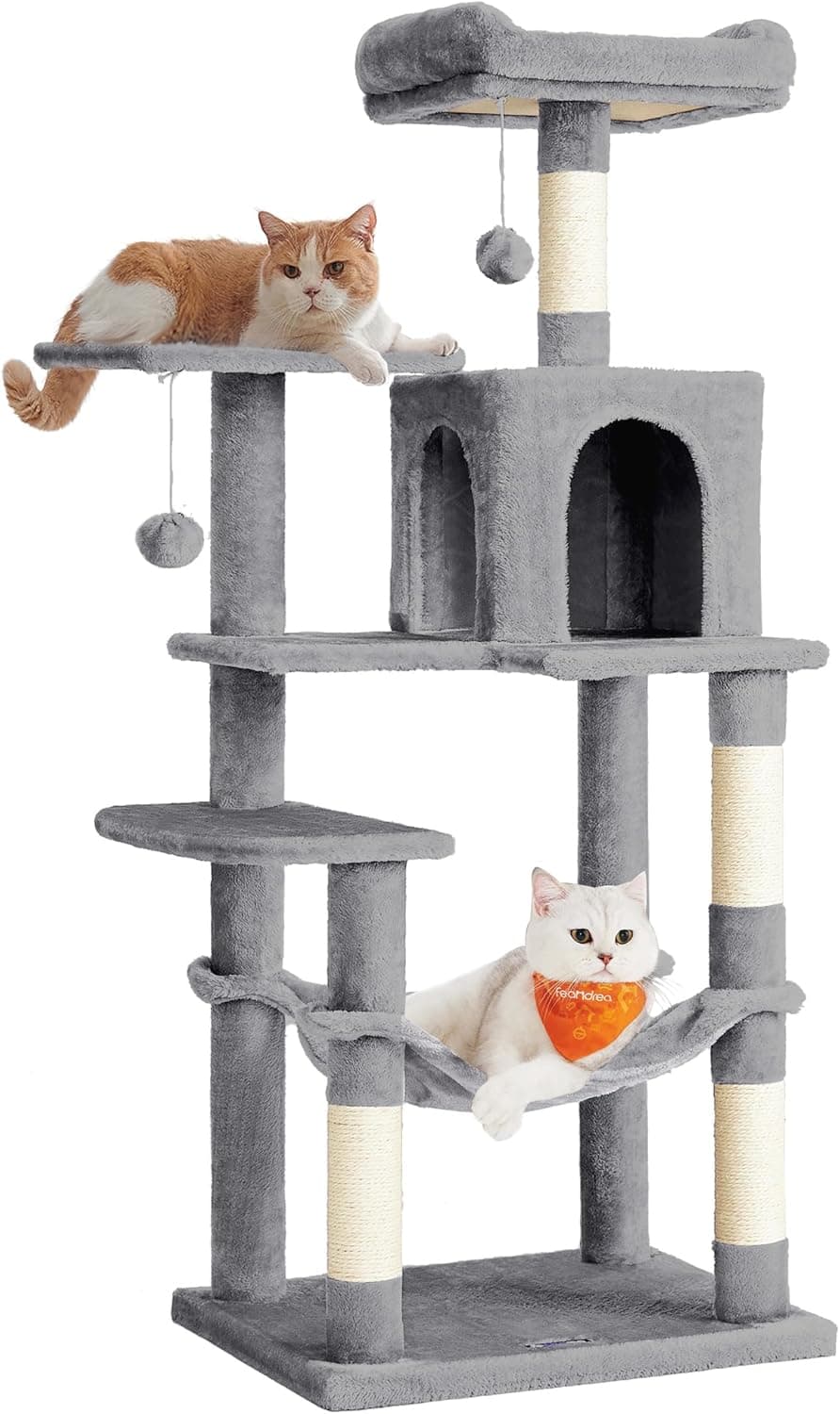 Feandrea Árbol para Gatos, Altura 143 cm, Multinivel, 4 Postes Rascadores