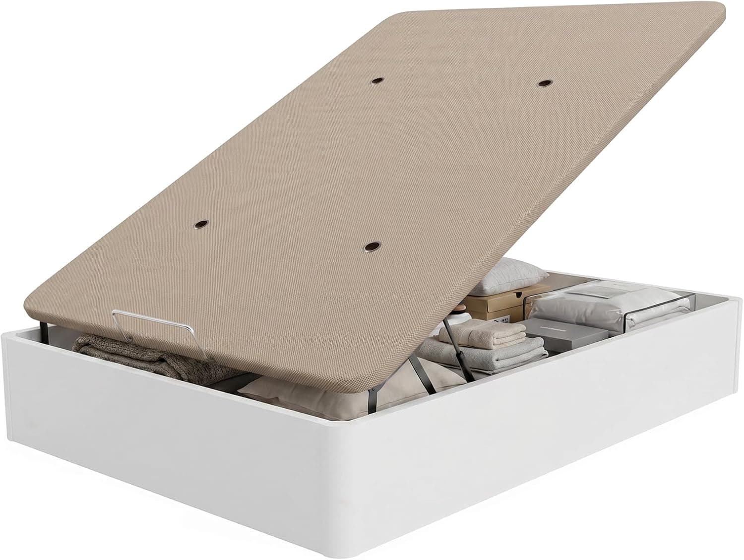 DUÉRMETE ONLINE Canapé Abatible Madera Gran Capacidad Cajón Grosor 30 mm con Tapa Reforzada y Transpirable, Blanco, 135 x 190 cm