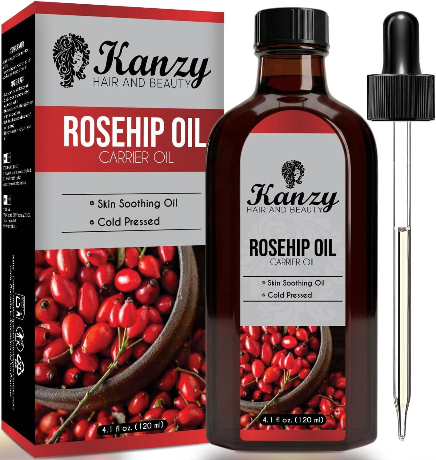 Kanzy Aceite de Rosa Mosqueta 120ml Prensado en Frío sin Refinar Rosa Mosqueta para Cicatrices y Estrías, usado como Hidratante para Cuerpo y Piel