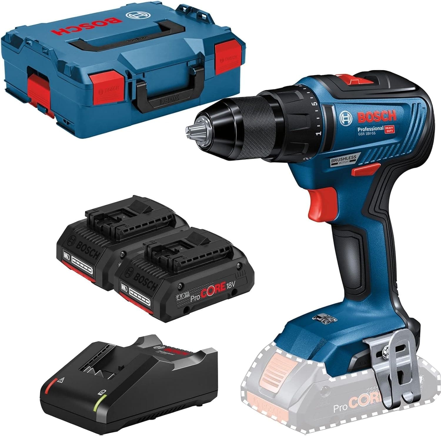 Bosch Professional 18V System atornillador a batería GSR 18V-55 (par máx. 55 Nm, 1800 rpm, incl. 2 baterías ProCORE18V 4.0Ah, cargador rápido GAL 18V-40, bandeja para L-BOXX, L-BOXX)