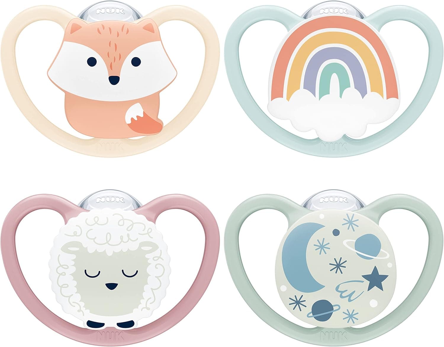 NUK Space Day & Night chupete | 0-6 meses | Chupetes que brillan en la oscuridad con ventilación adicional para pieles sensibles | Silicona sin BPA | Lobo y oveja | 4 unidades