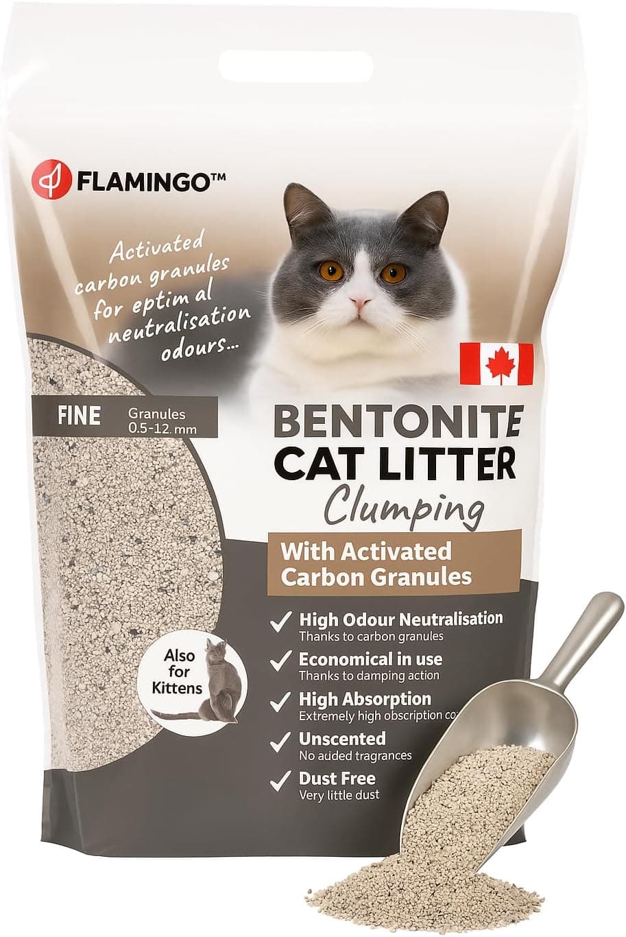 Flamingo Arena para Gatos - Arena aglomerante - Grano Extra Fino - 12L (12KG) para 10 semanas - Origen Canadá - Natural y sin Perfume - Ideal para 1 o Varios Gatos