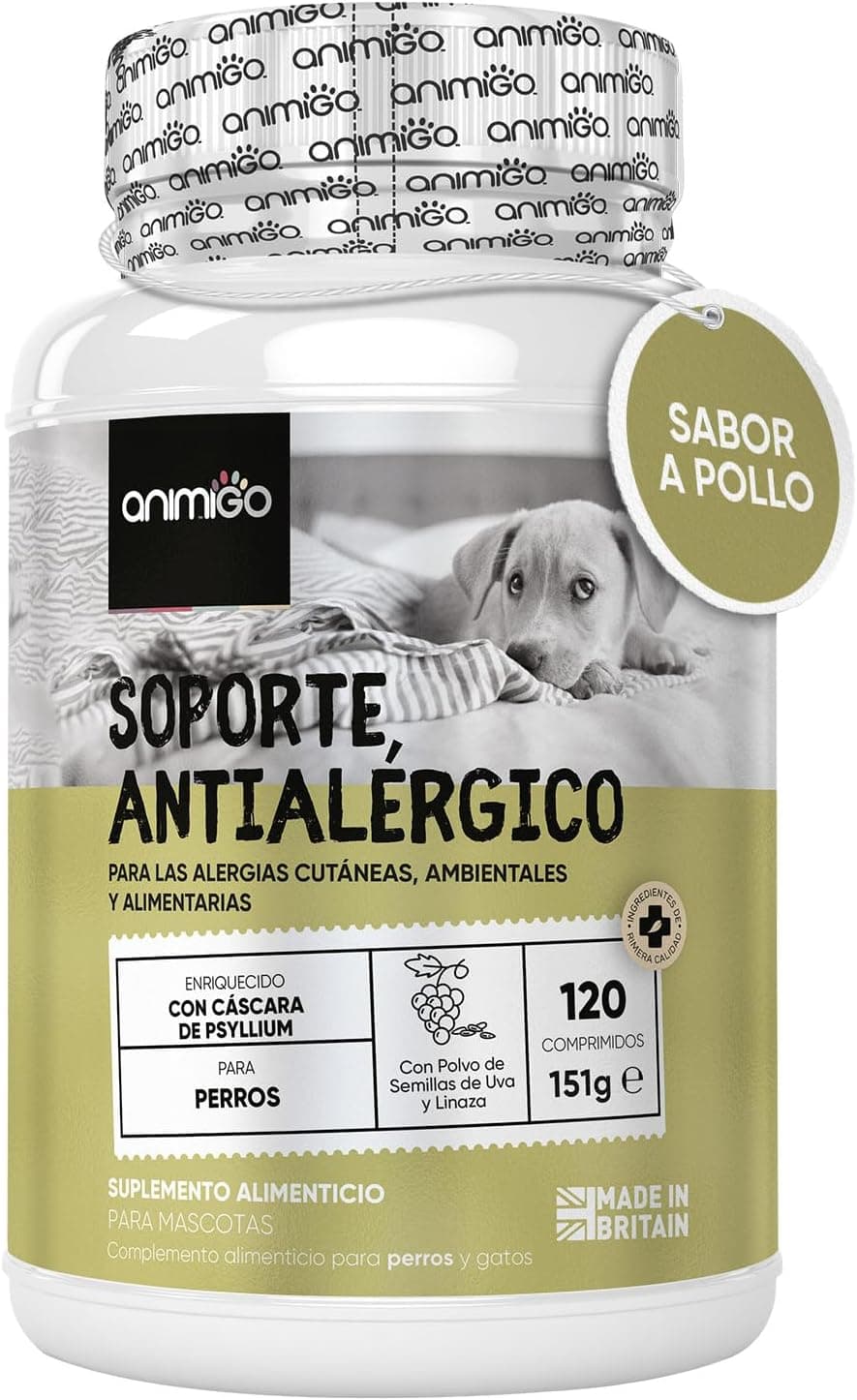 Suplemento Natural Alergias para Aliviar Picor en Perros - 120 Comprimidos Sabor a Pollo - Complemento Hipoalergénico de Psyllium, Semillas de Lino y Cúrcuma - Antiácaros Perros