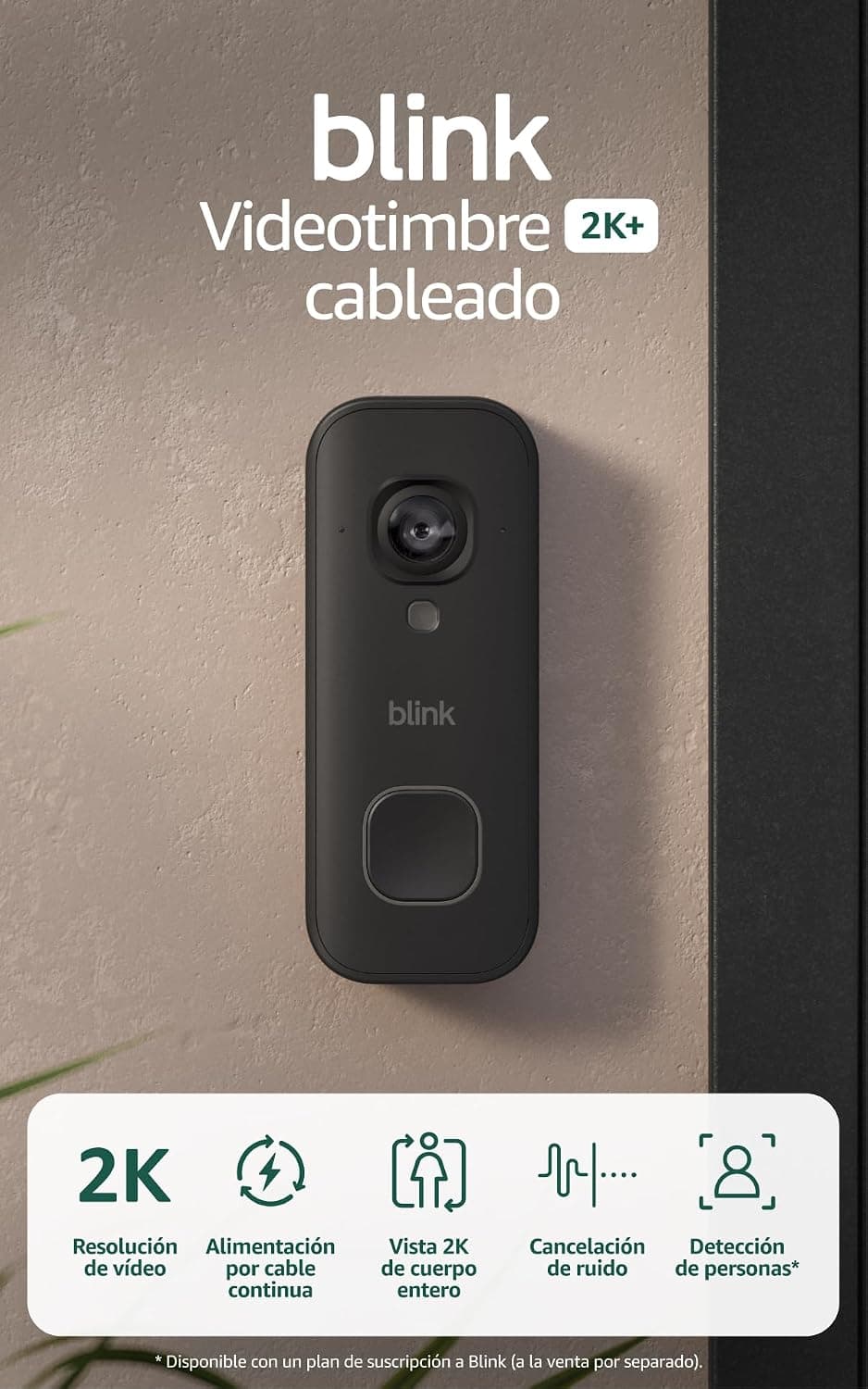 Blink Videotimbre cableado 2K+ (últ. generación) | De cuerpo entero con resolución 2K | Audio mejorado | Resistente a la intemperie IP65 | Prueba gratuita de 30 días a la suscripción de Blink | Negro