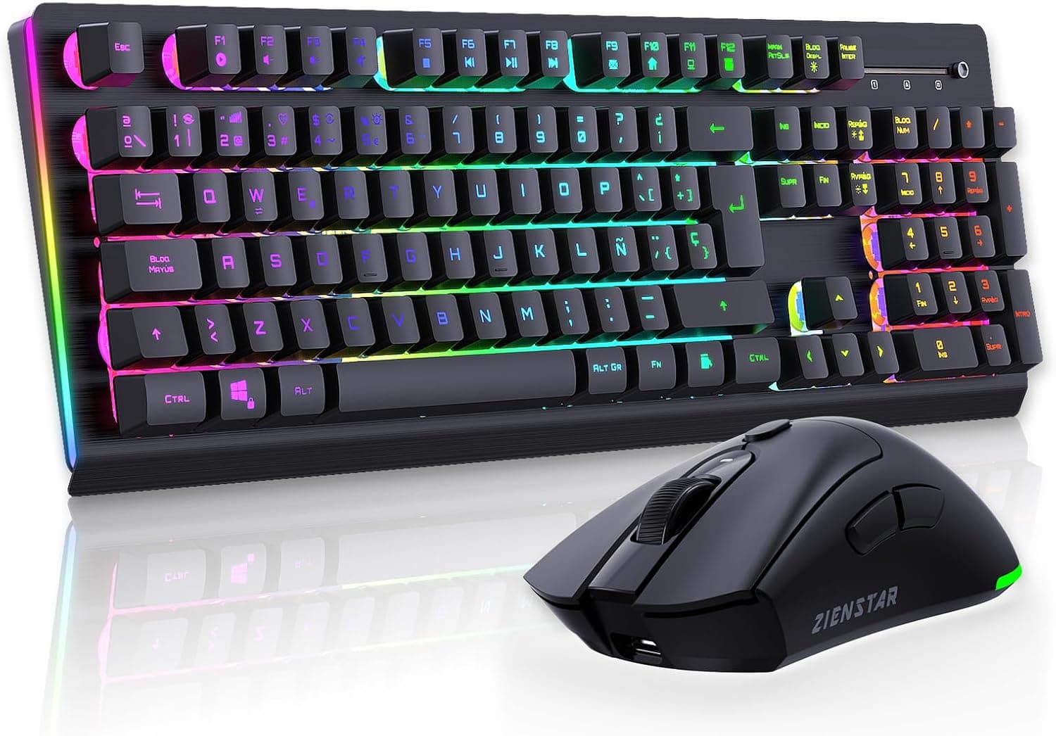 Teclado y Ratón Inalámbrico para Gamer,Aluminio Cepillado,Retroiluminación RGB,Batería Recargable 3800mAh,Teclas de Sensación Mecánica con Ñ