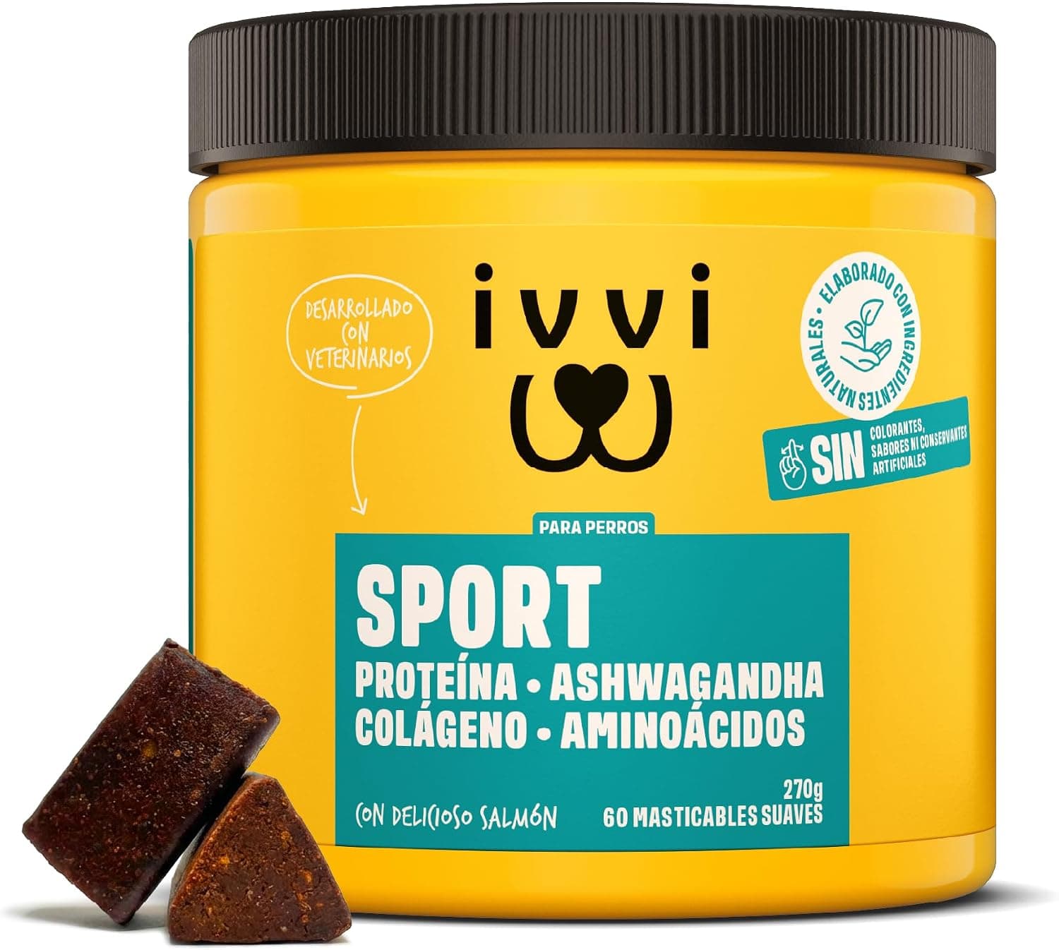 ivvi Sport Snacks Funcionales para Perros | Con Proteínas, Ashwagandha, Colágeno y Aminoácidos | Ayuda a Proteger la Masa Muscular, con la Recuperación y la Vitalidad | 60 Snacks Blandos (270 g)