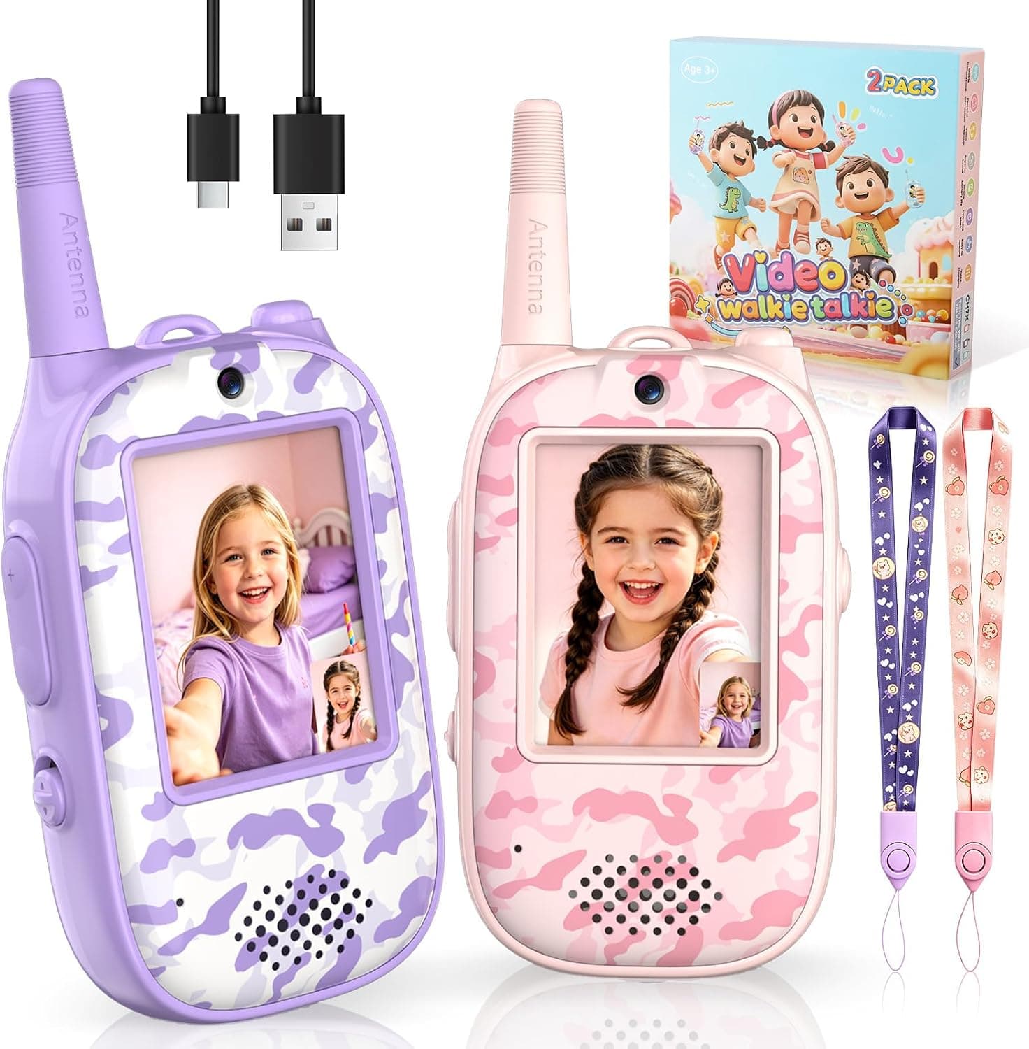 JUAUO Walkie Talkie Niños Recargable con Vídeo, Regalo para Niñas 3 4 5 6 7 8 años, Juguetes Niños y Niñas 3‑10 Años, Regalo de Cumpleaños, Juegos Exterior niños y Camping, Rosa Violeta