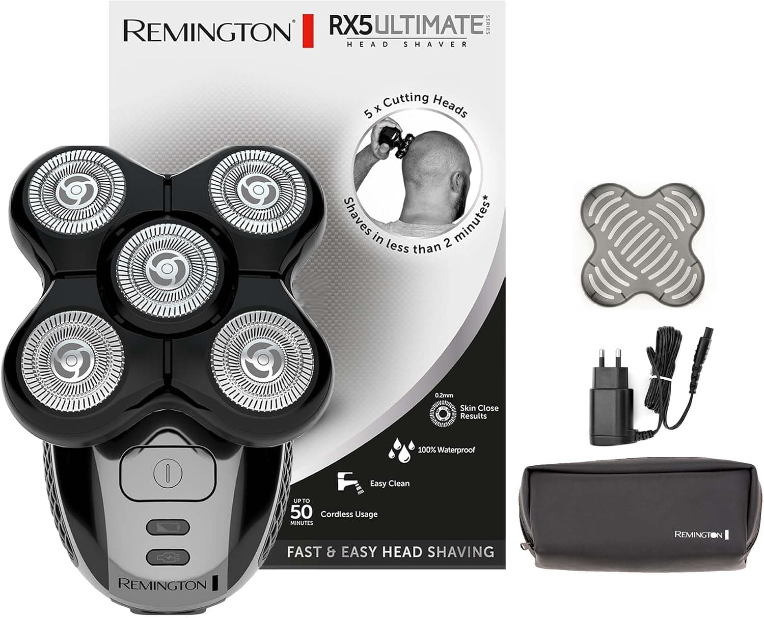 Remington Afeitadora Cabeza Hombre 5 cabezales: afeitado en 2 min Ultimate Series RX5 apura hasta 0,2 mm, autonomía de 50 min, resistente al agua, cuchillas flexibles, neceser de viaje XR1501