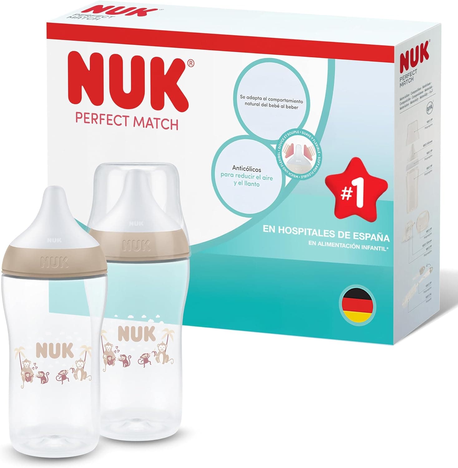 NUK Perfect Match Biberón | 3+ meses | 260 ml | Biberón anticólicos | PP | Indicador de control de temperatura | Mono | 2 unidades