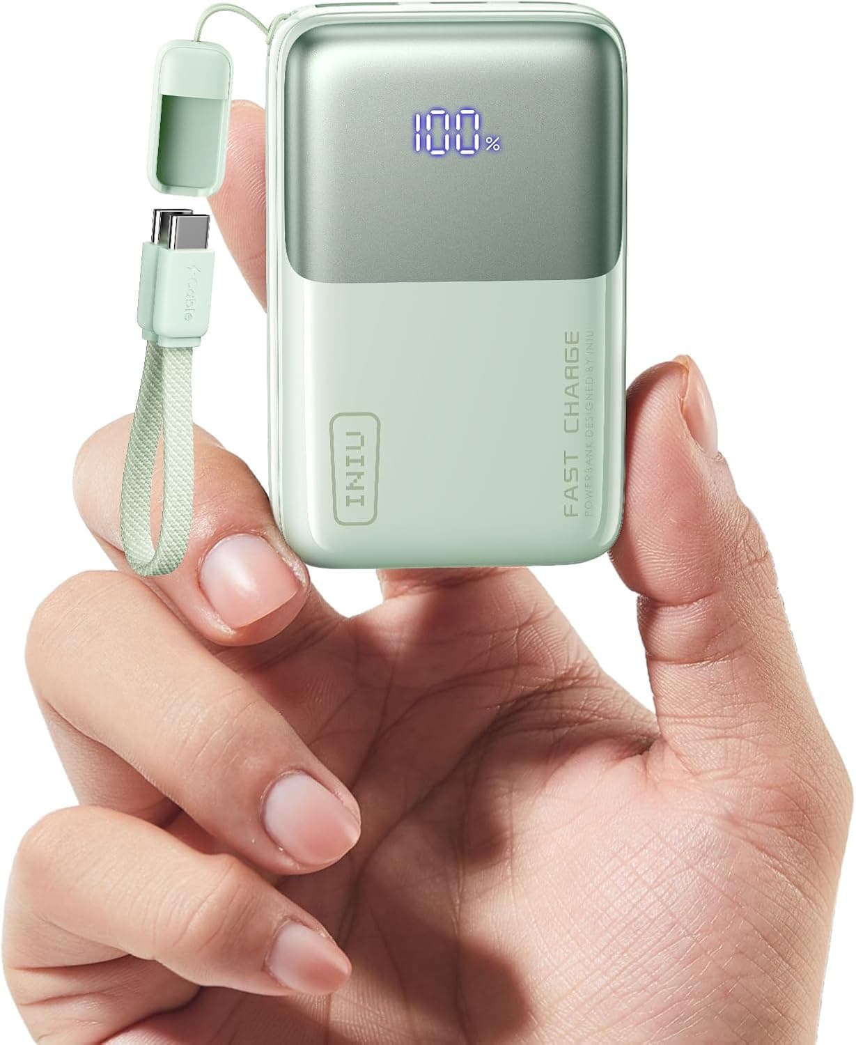 INIU Power Bank, Ultra Mini 45W Carga Rápida 10000mAh Bateria Externa con Cable USB C Desmontable, Apto para Avión & Esenciales de Viaje, Bateria Portatil para iPhone 17 16, Xiaomi, Verde Claro
