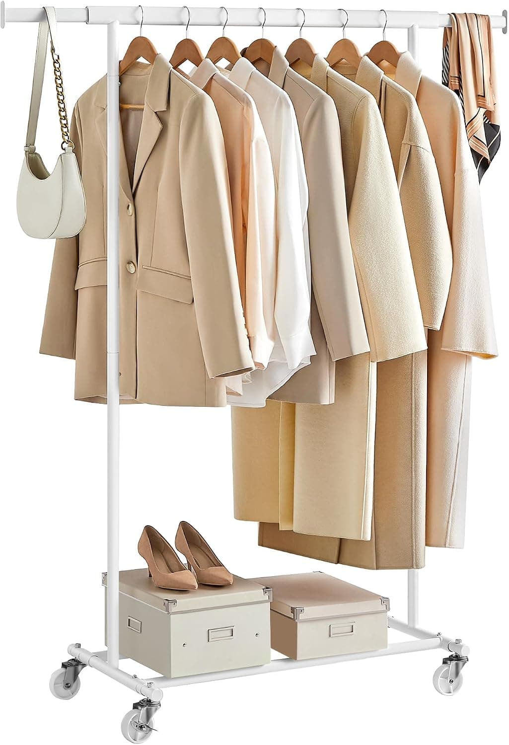 SONGMICS Burro Ropa con Ruedas, Perchero Burro Extensible con Carga Pesada, Capacidad de Carga Máx. de 100 kg, Fácil de Montar, Portátil, Blanco Clásico HSR013W01