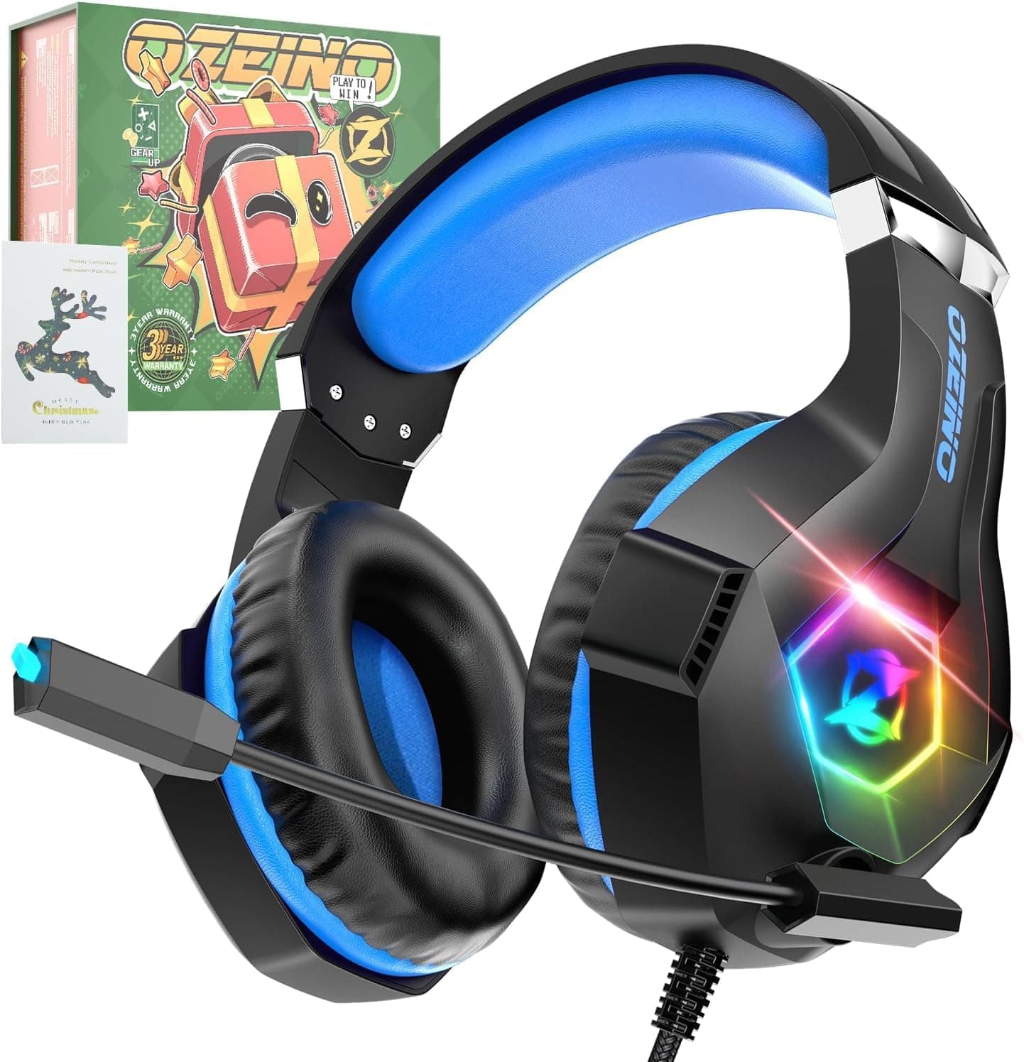 Ozeino Cascos Gaming, Auriculares Gaming con Micrófono Rotatorio, Luz RGB, Premium Stereo, Orejeras Ligero Cómodo, para PS4 PS5 Xbox PC Switch Tableta Laptop