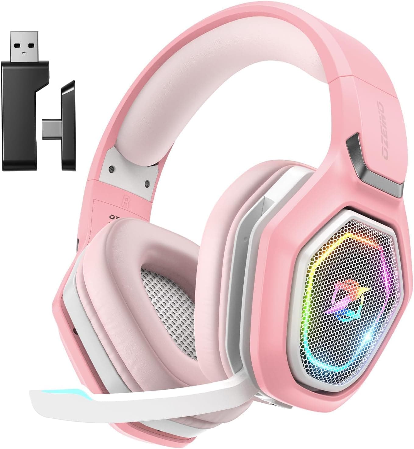 Ozeino Cascos Gaming Inalámbricos para PC/Ps5/Ps4, Auriculares Gaming Inalámbricos de 2,4GHz Wireless+Bluetooth (Rosa)