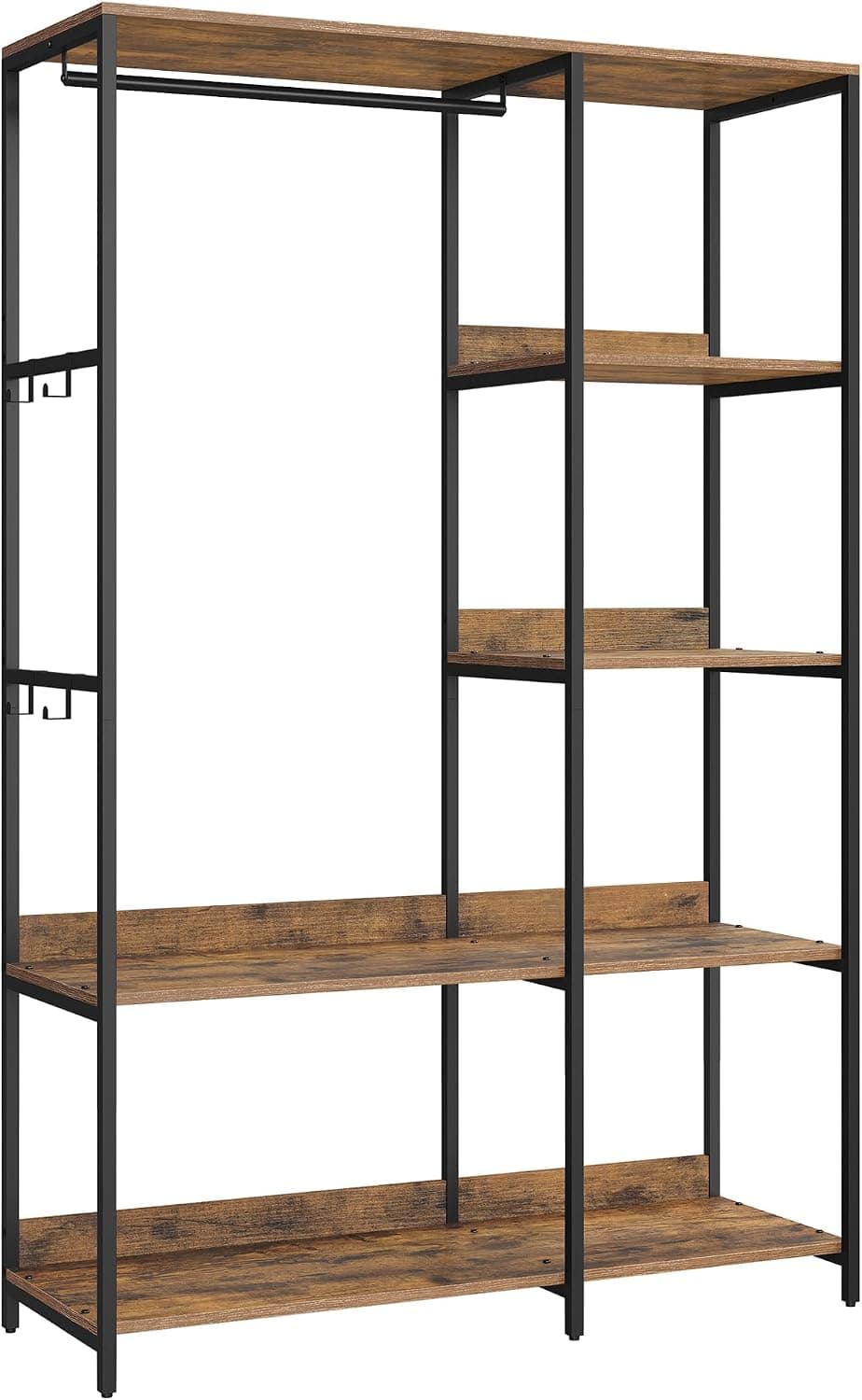 SONGMICS Armario Ropero, Organizador de Armario, Burro Perchero, Perchero con Barras para Colgar, Estantes de Almacenamiento, Ganchos Extraíbles, 98 x 40 x 181 cm, Marrón Rústico RGR024B01